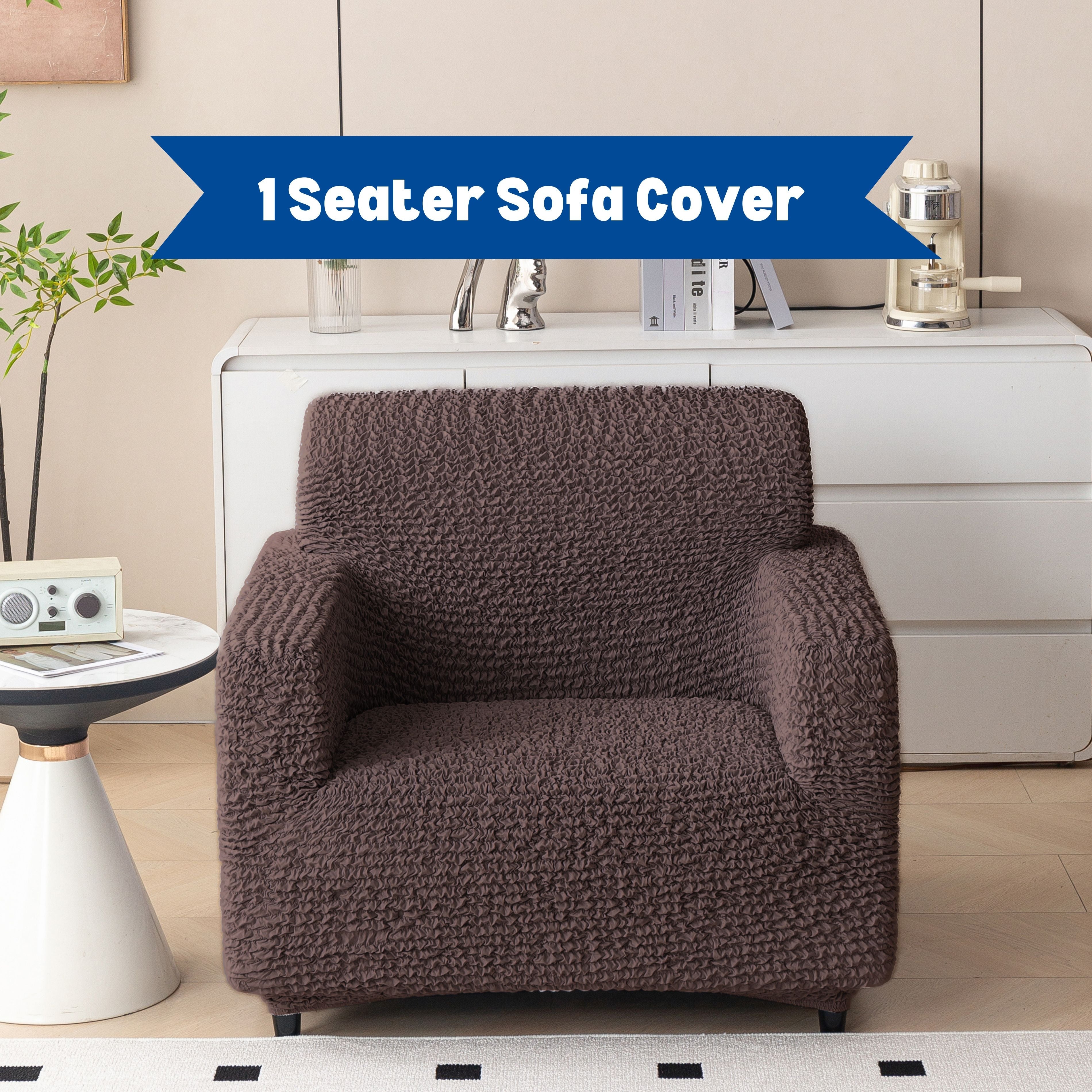 Premium 1 Seater Sofa Cover - Microfiber Stretchable Italian Textured Armchair Slipcover (Brown)
