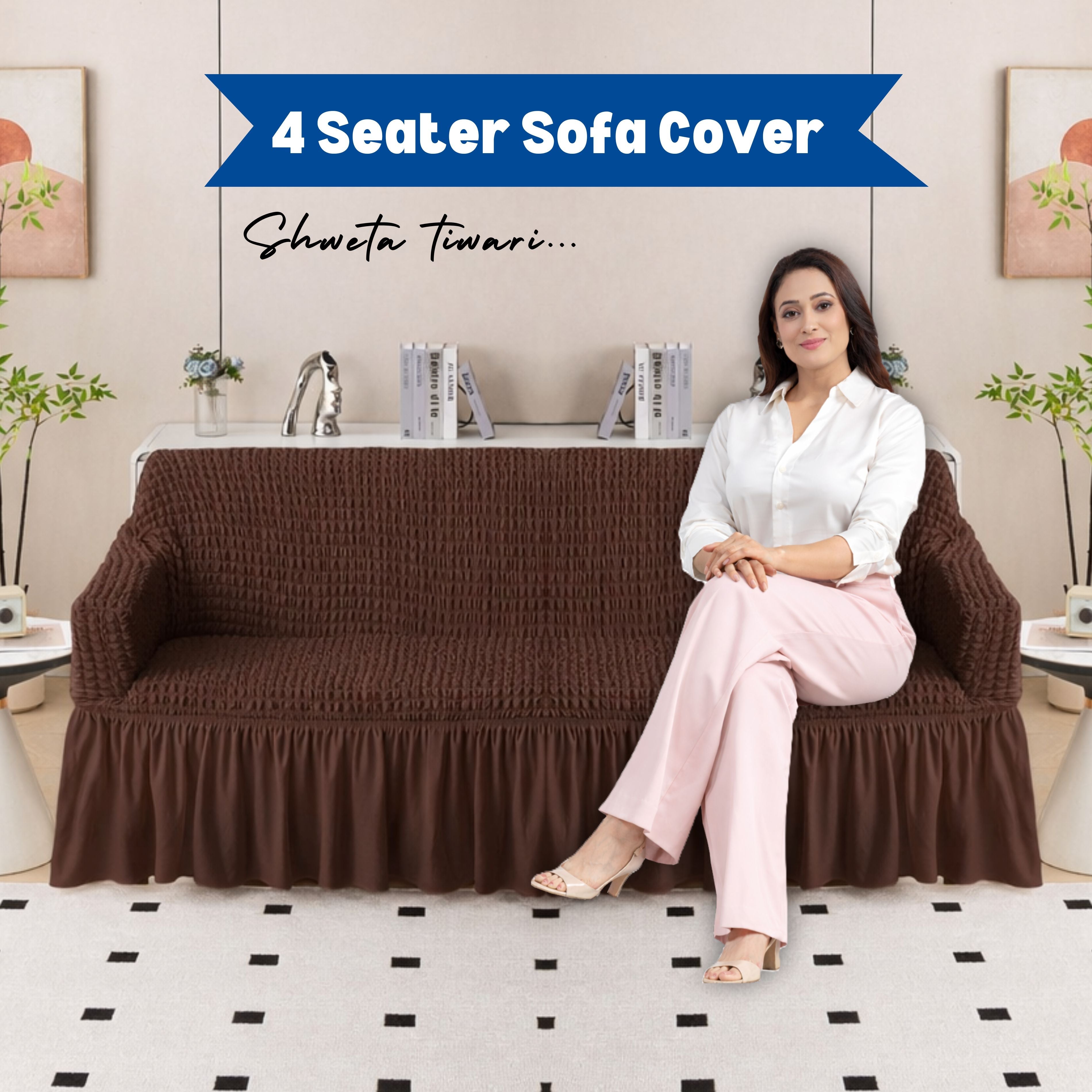 Premium Bubble Frill 4 Seater Sofa Cover - Dark Brown