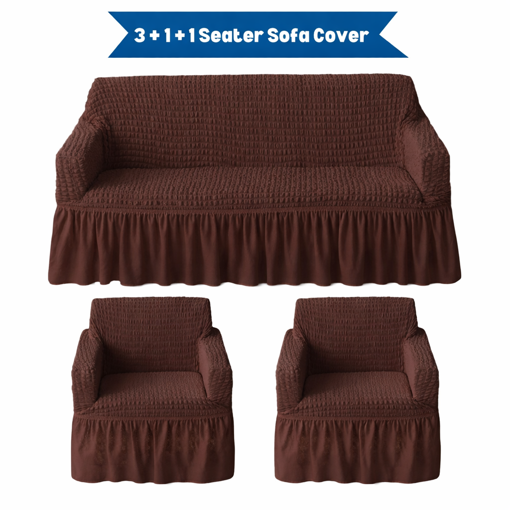 Premium Bubble Frill 3+1+1 Seater Sofa Cover Set - High Stretch Textured Fabric (Brown)