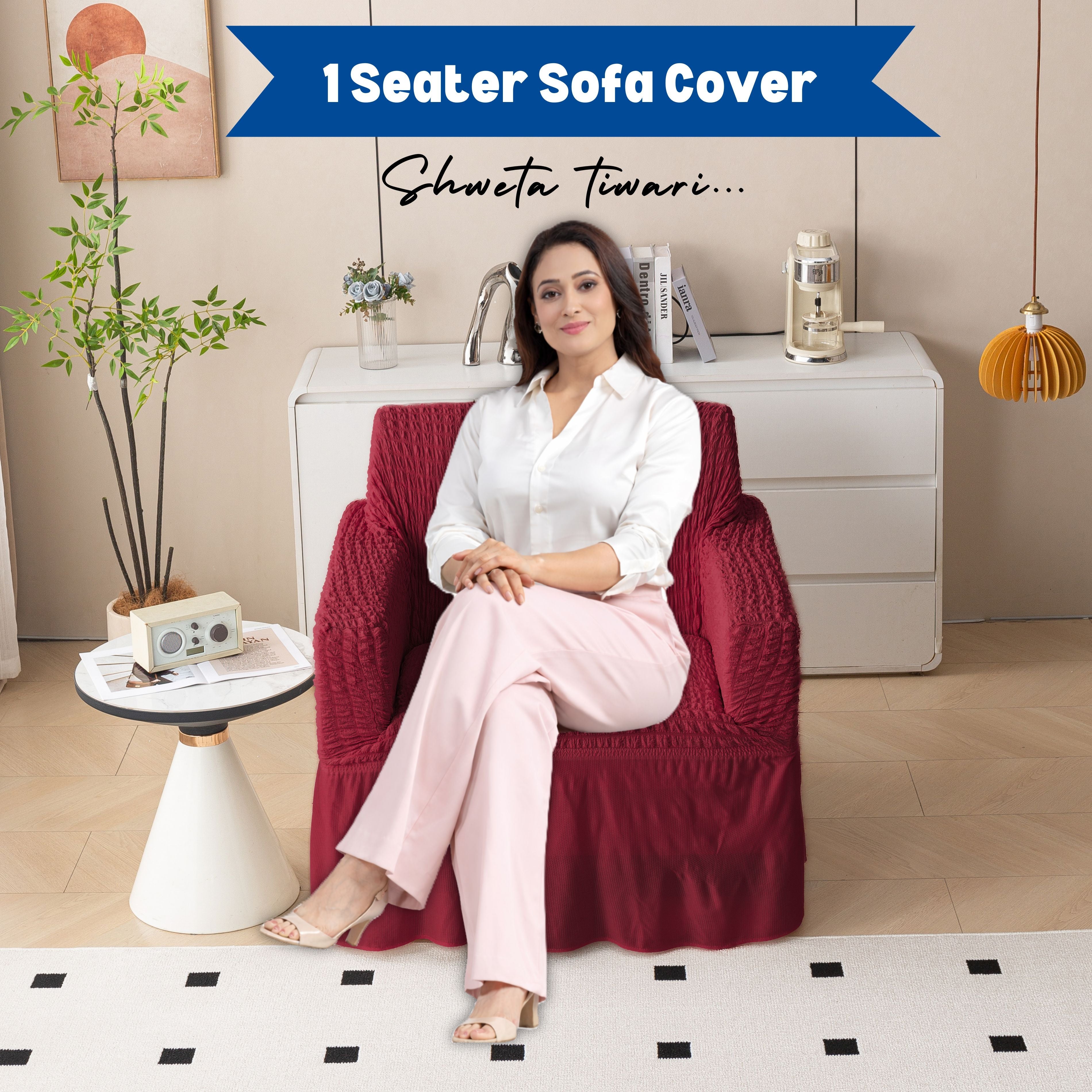 Premium Bubble Frill 1-Seater Sofa Cover - Maroon