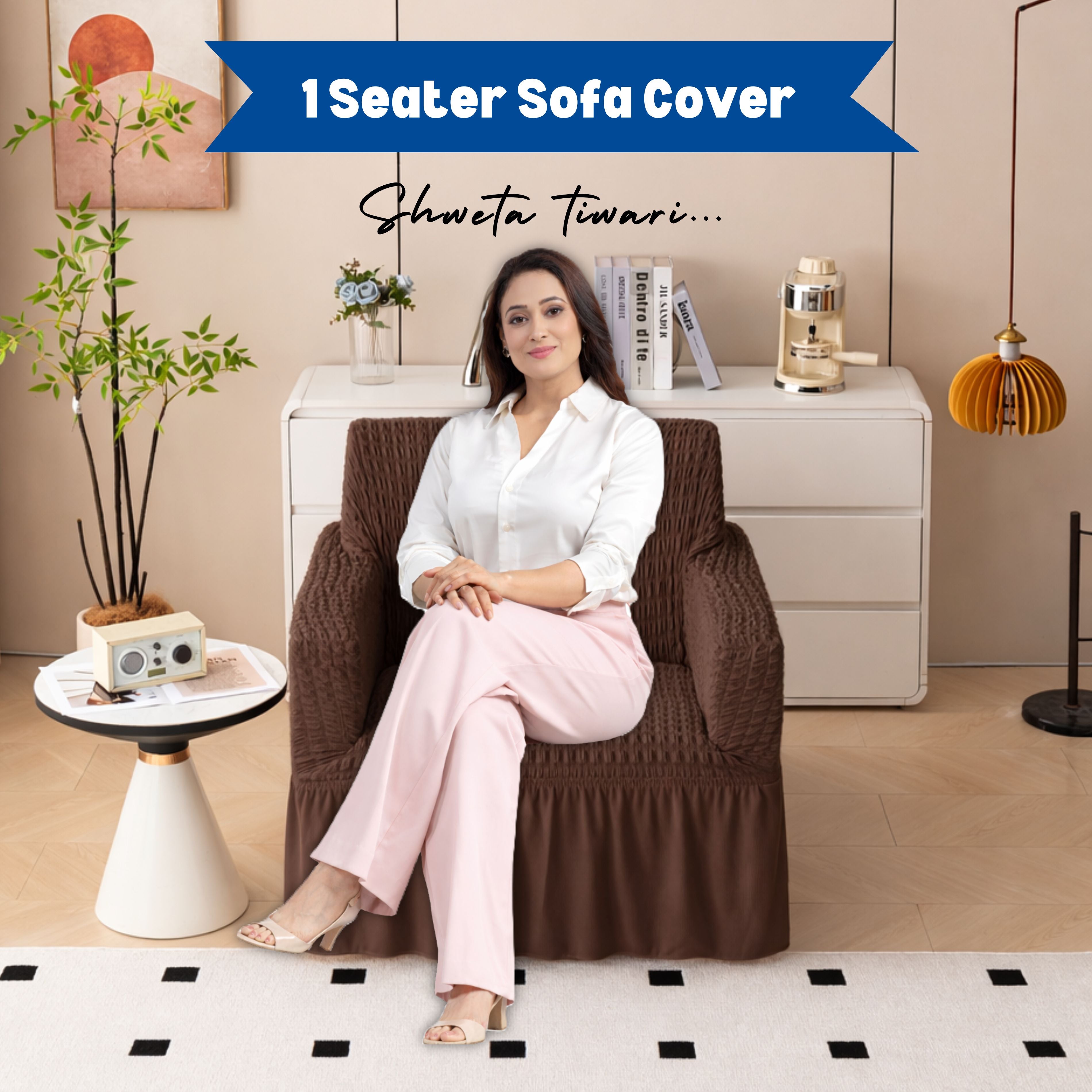 Premium Bubble Frill 1-Seater Sofa Cover - Dark Brown