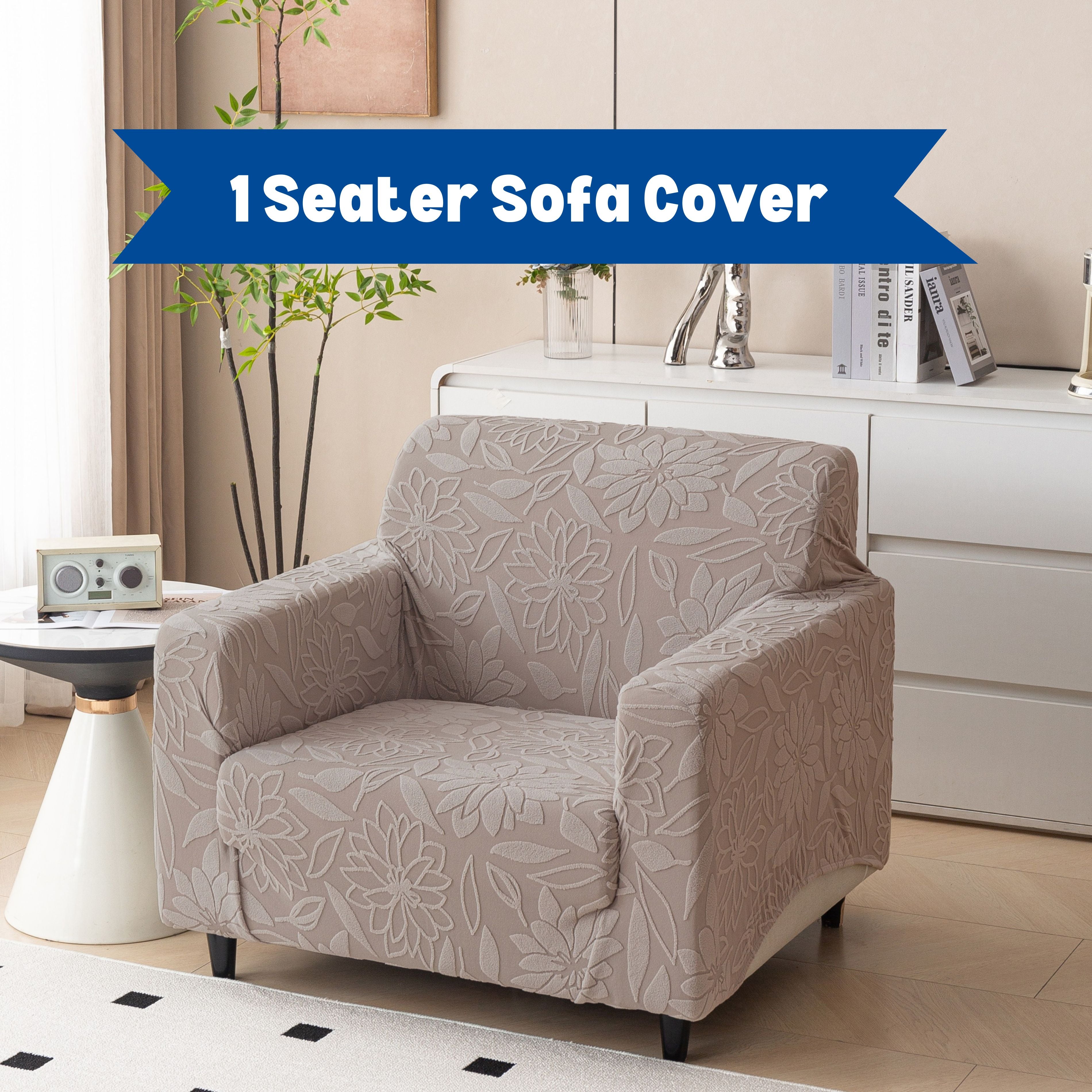 Premium 1 Seater Sofa Cover - Knitted Jacquard, Floral Textured Elastic Slipcover (Brown)