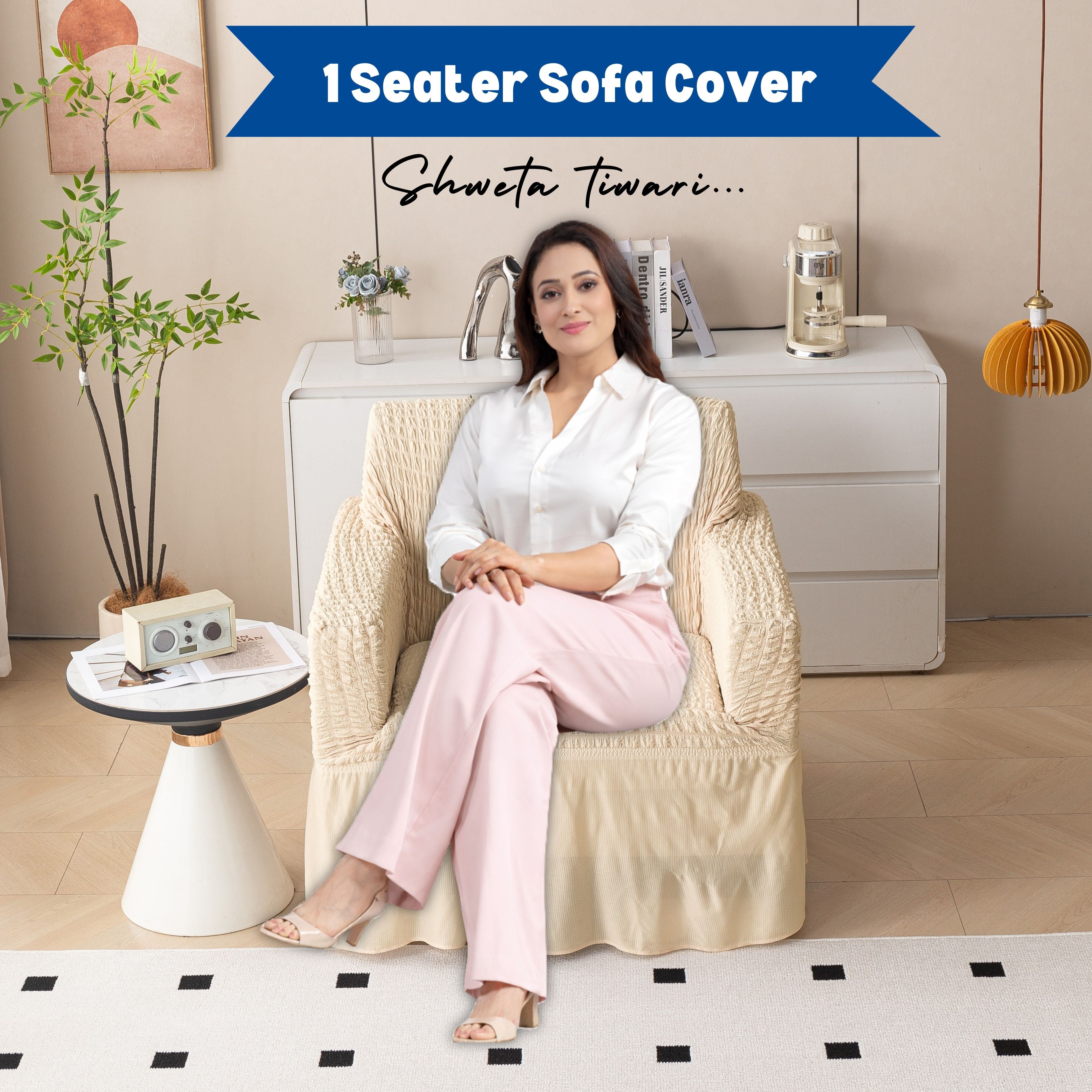 Premium Bubble Frill 1-Seater Sofa Cover - Cream Beige