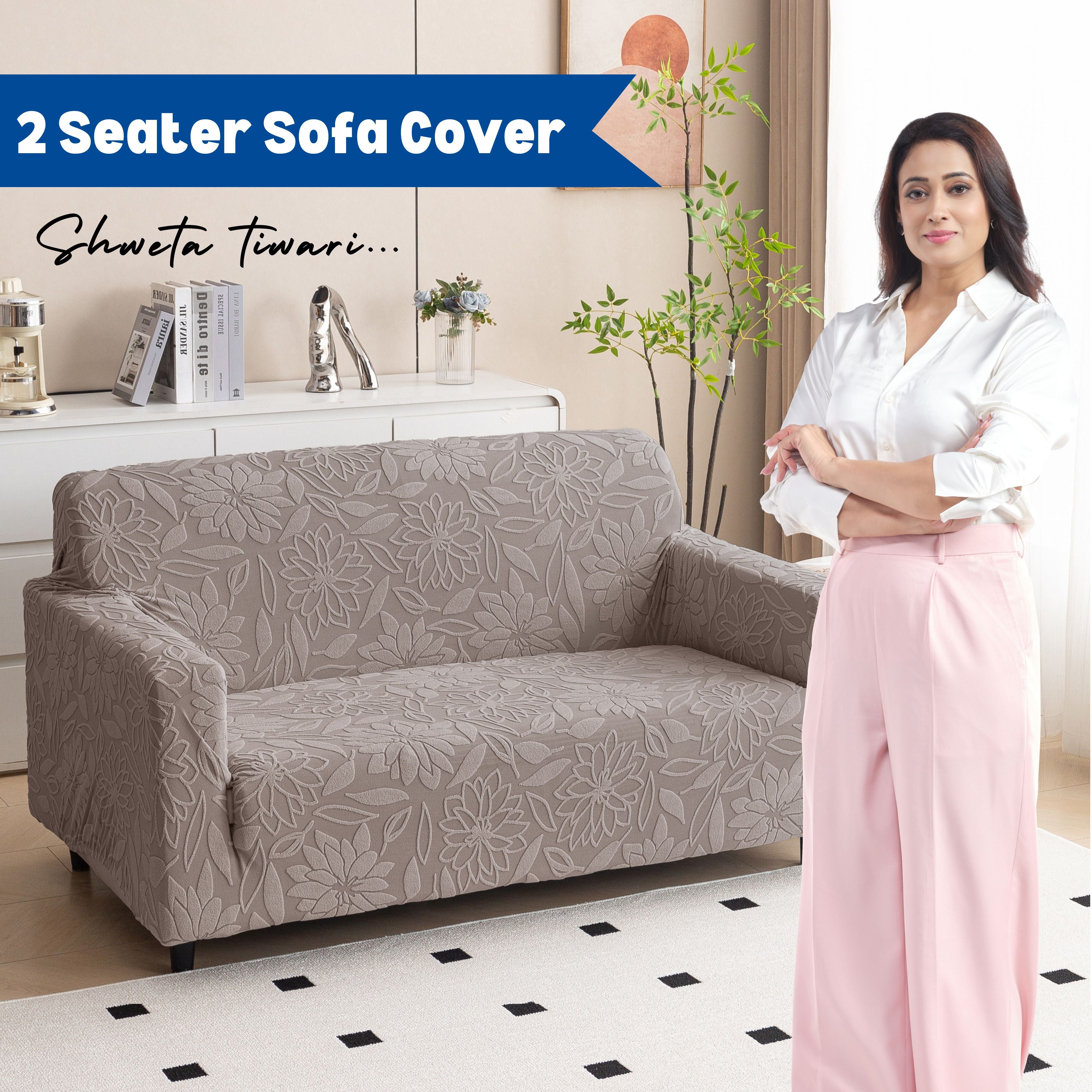 Premium 2 Seater Sofa Cover - Knitted Jacquard, Floral Textured Elastic Slipcover (Brown)