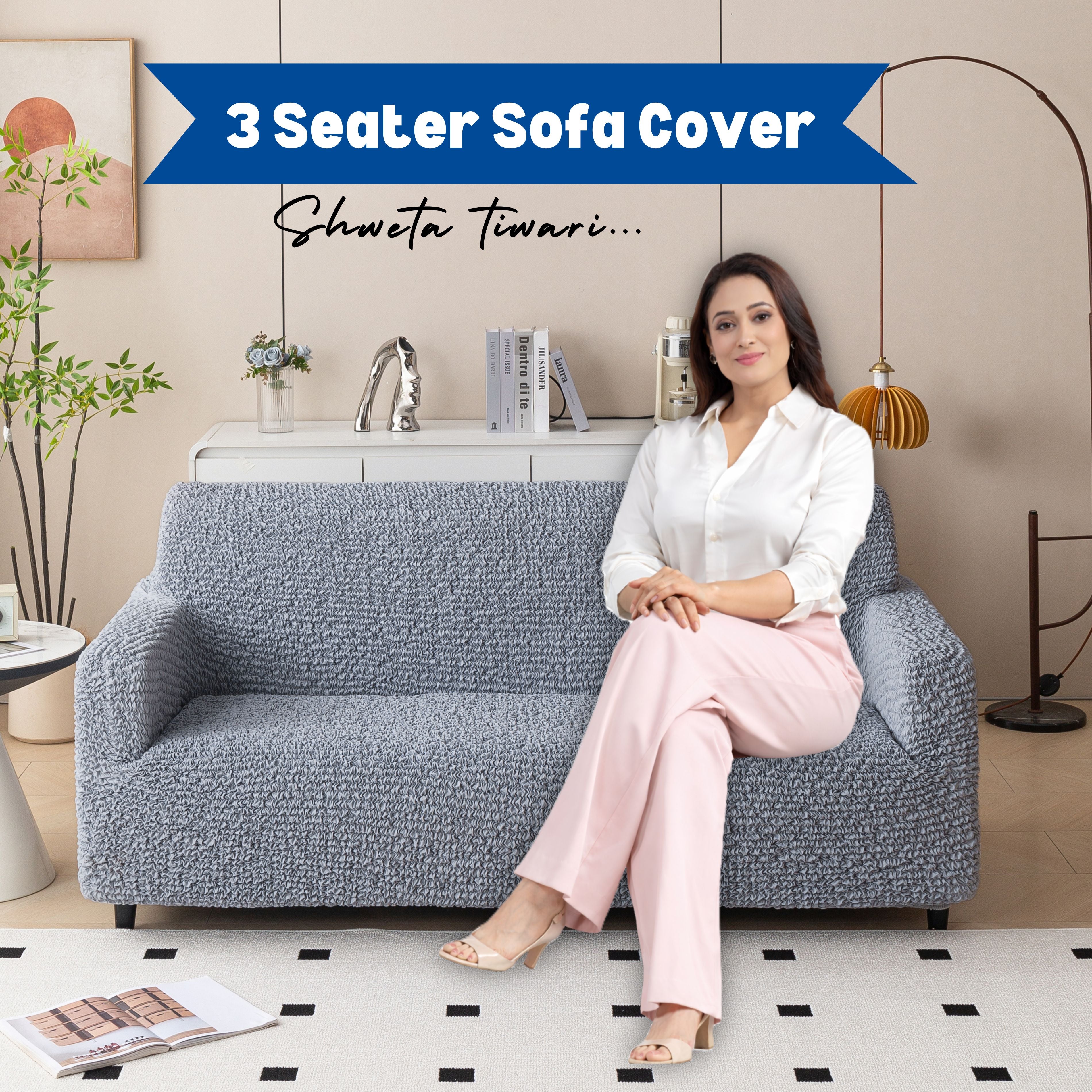 Premium 3 Seater Sofa Cover - Microfiber Stretchable Italian Textured Couch Slipcover (Grey)