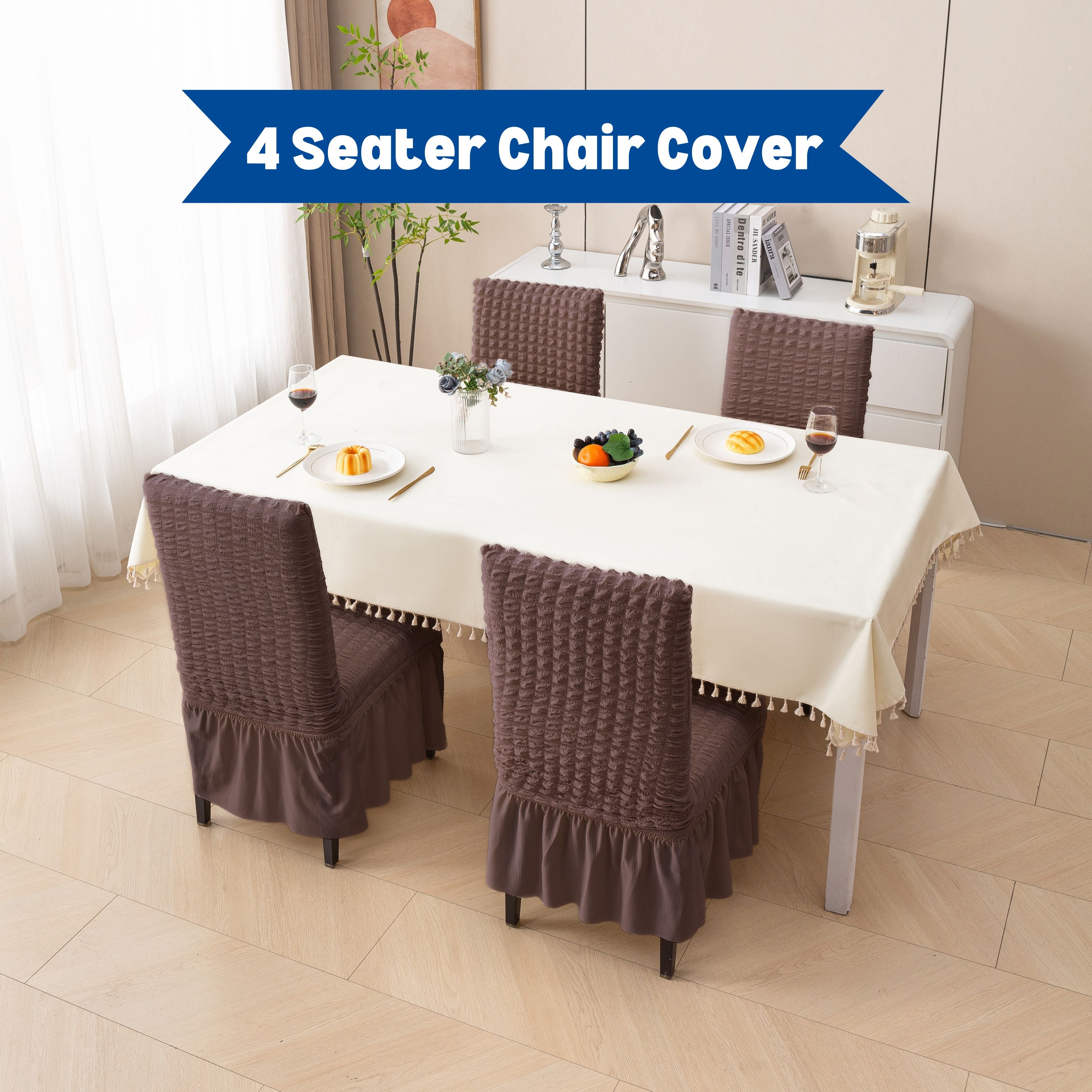 Premium 4 Seater Chair Cover Set with Frill - 280 GSM Bubble Textured Elastic Slipcovers (Brown)