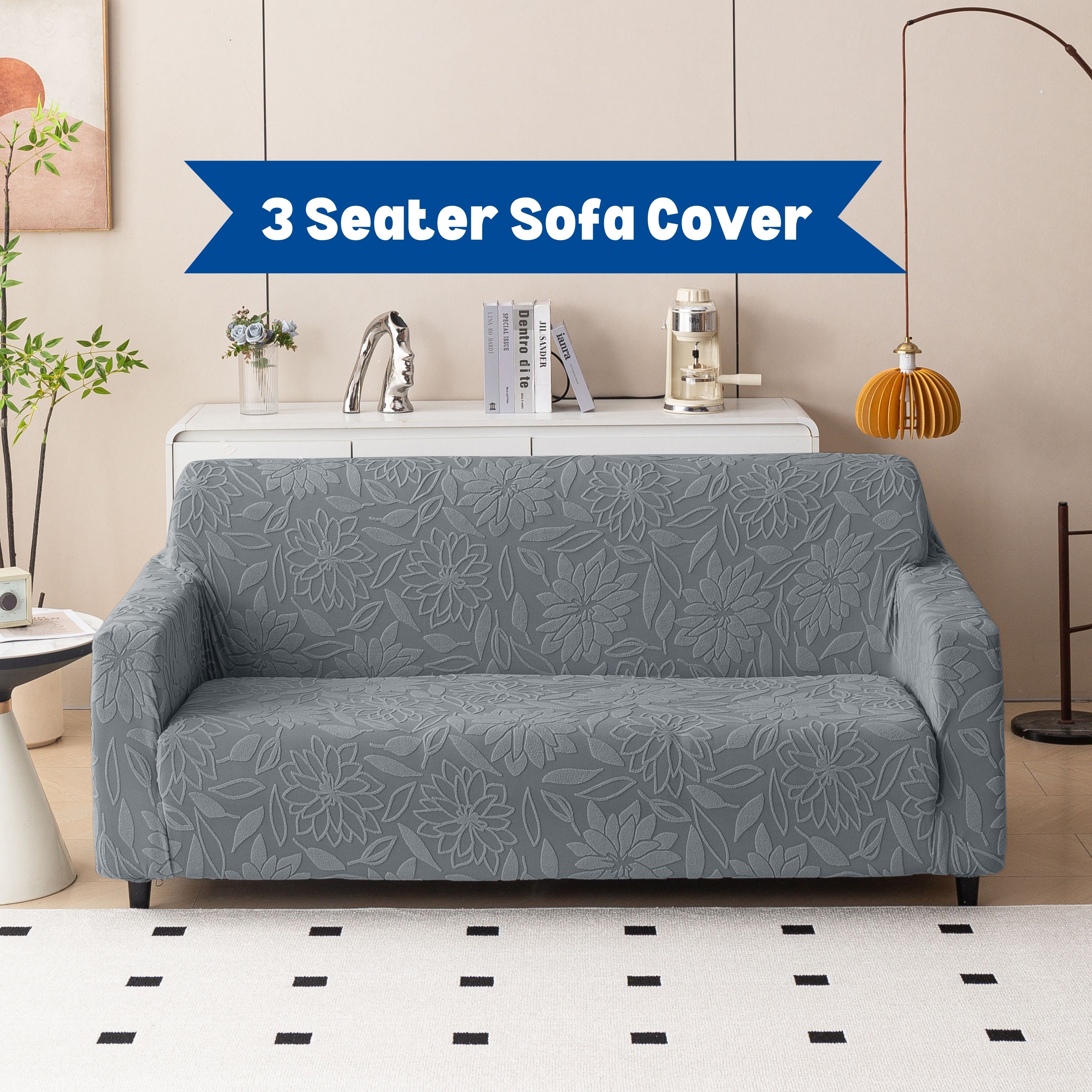 Premium 3 Seater Sofa Cover - Knitted Jacquard, Floral Textured Elastic Slipcover (Grey)