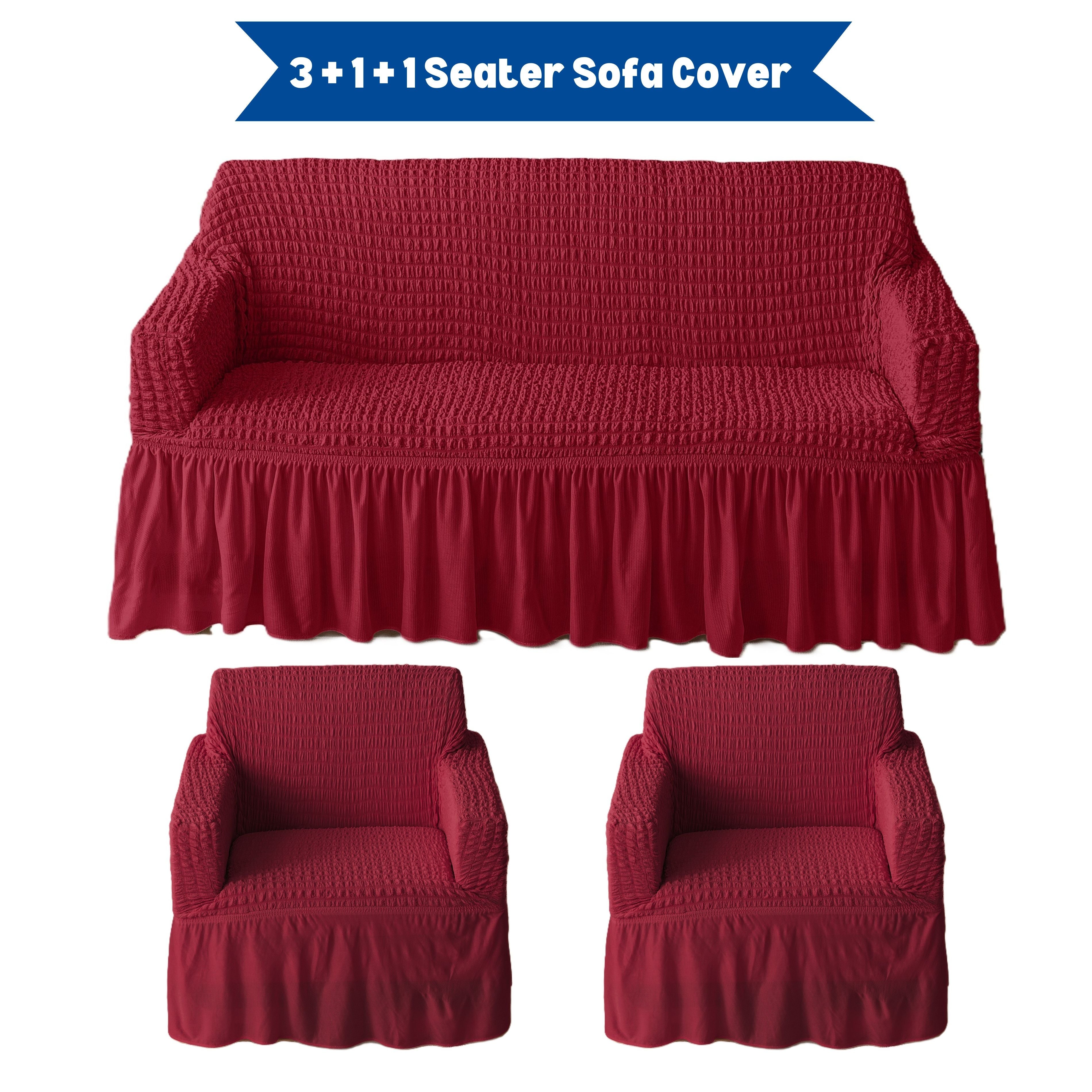 Premium Bubble Frill 3+1+1 Seater Sofa Cover Set - High Stretch Textured Fabric (Maroon)