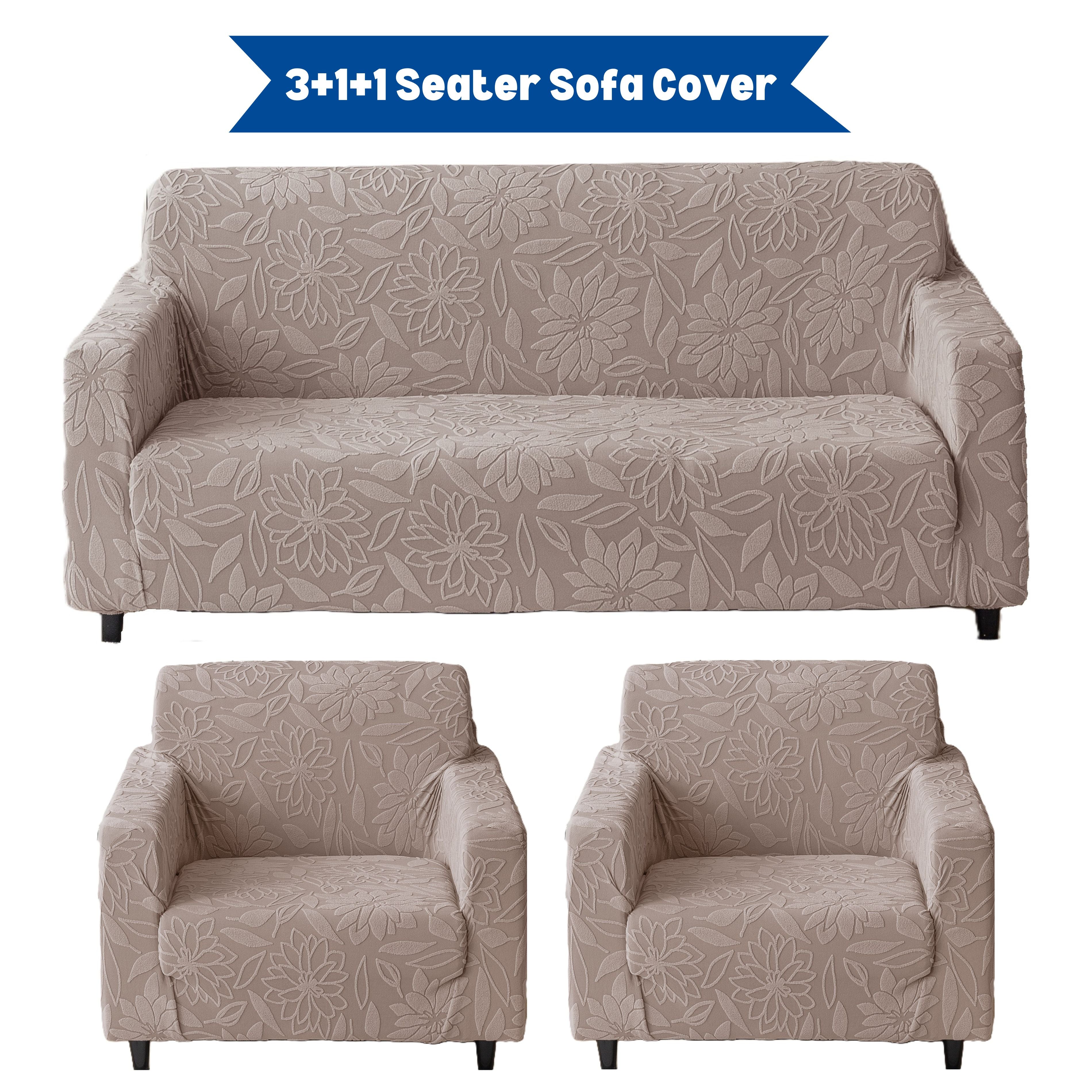 Premium 3+1+1 Seater Sofa Cover Set - Knitted Jacquard, Floral Textured Elastic Slipcovers (Brown)
