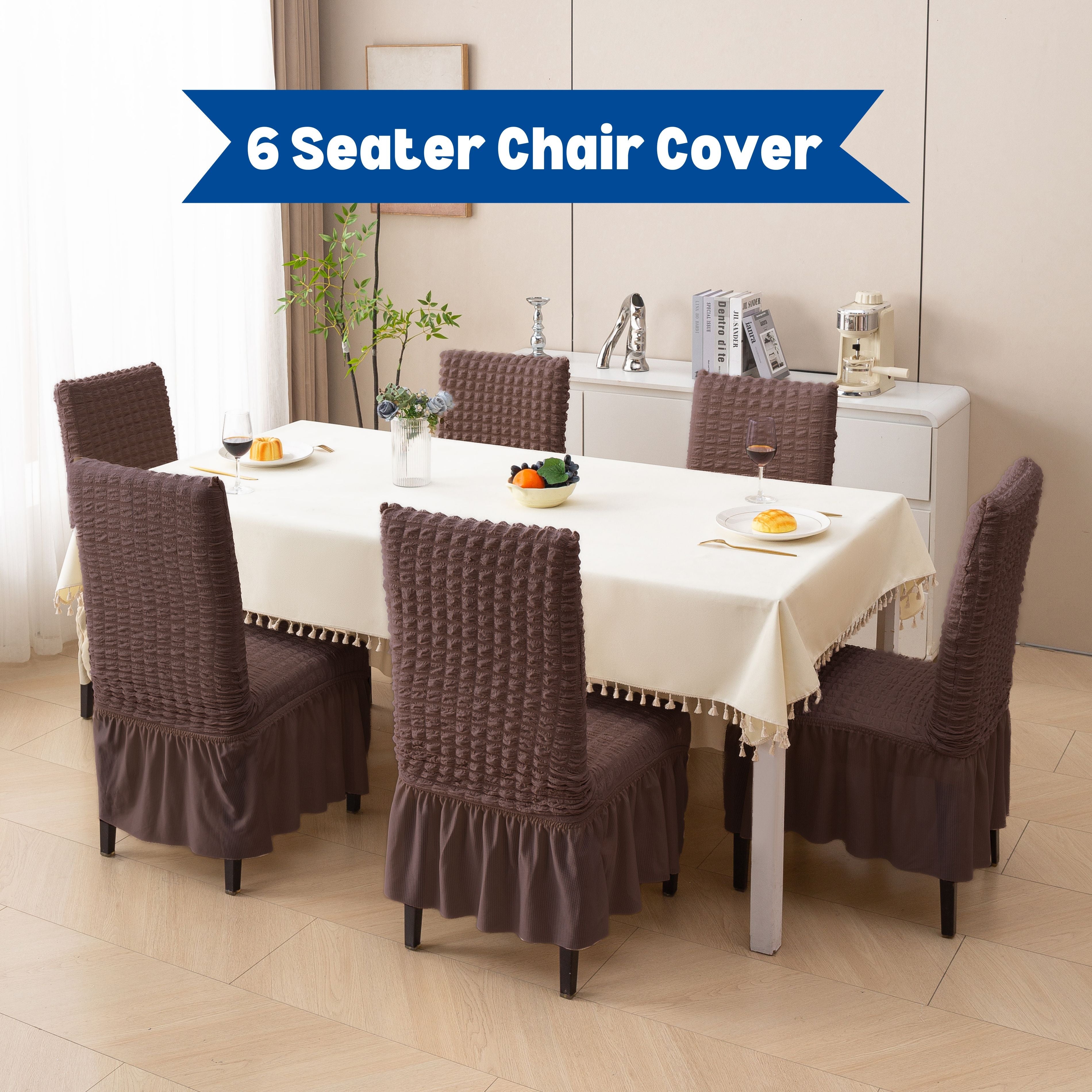 Premium 6 Seater Chair Cover Set with Frill - 280 GSM Bubble Textured Elastic Slipcovers (Brown)