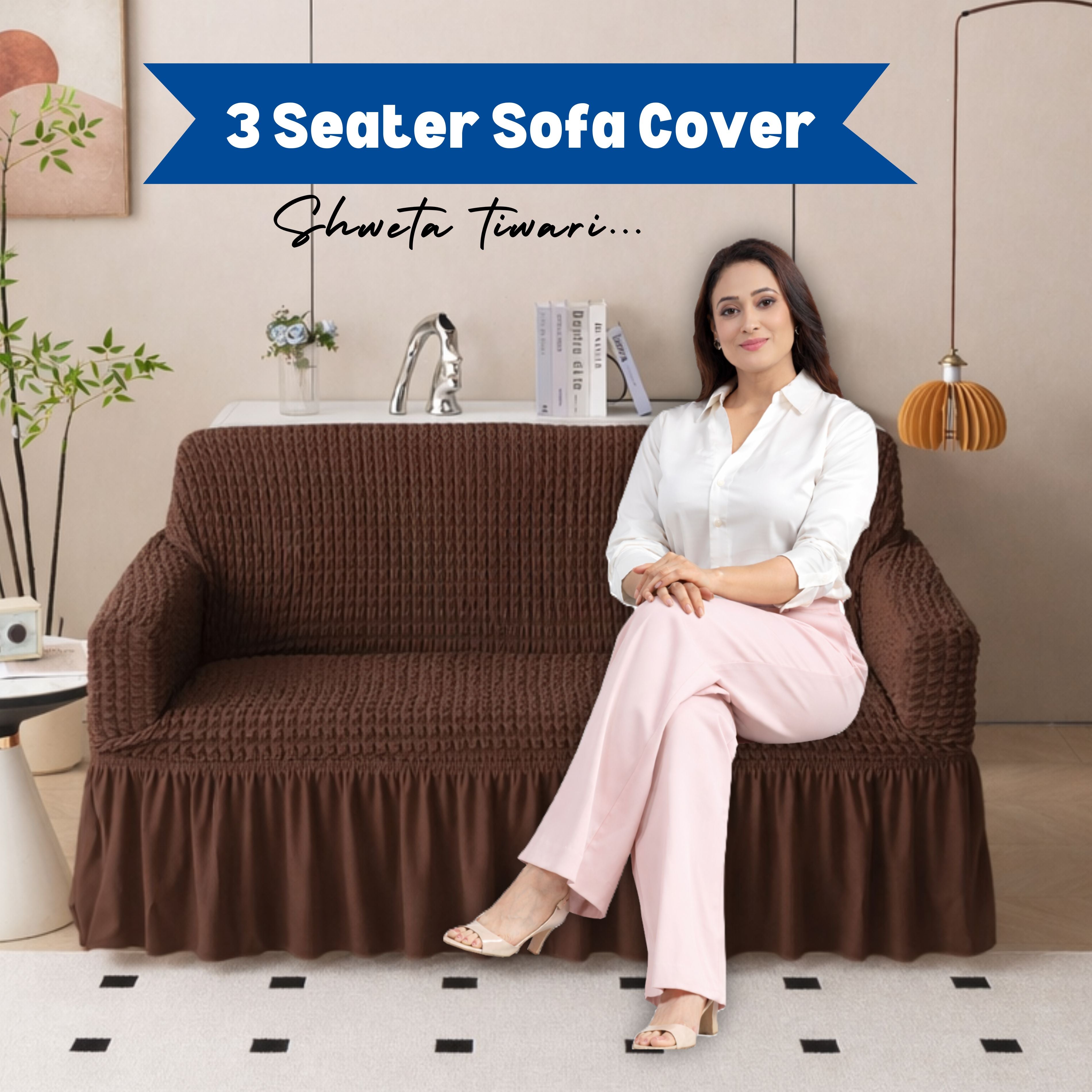 Premium Bubble Frill 3-Seater Sofa Cover - Brown