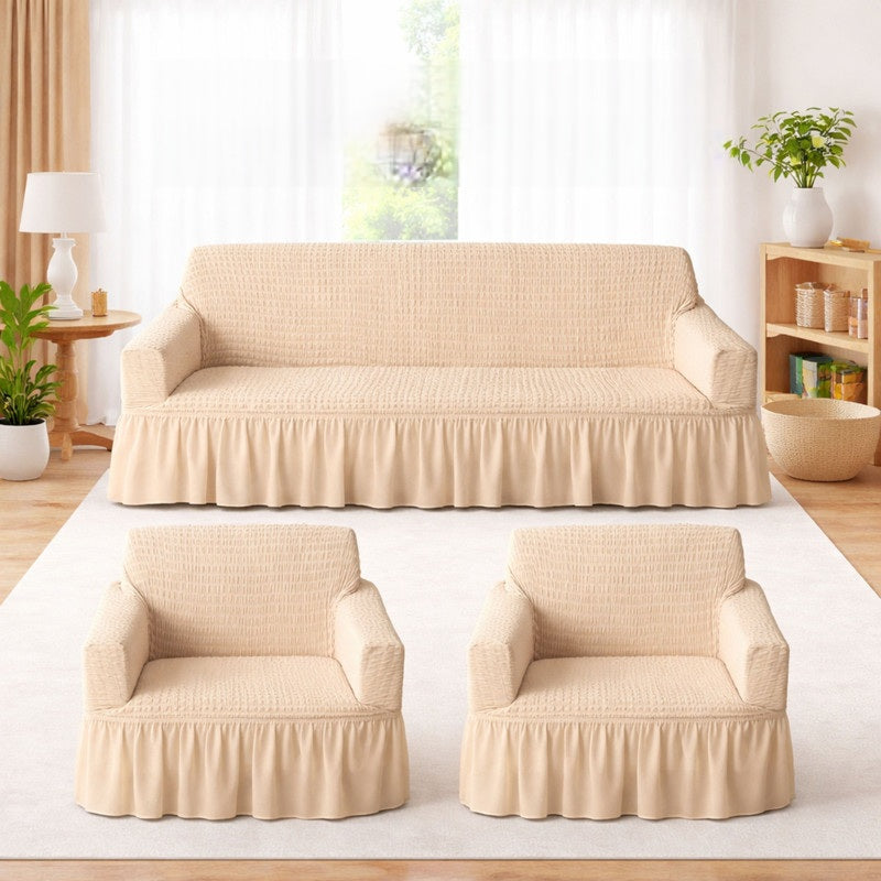 Bubble Frill Stretch Sofa Cover | Elastic Washable Couch 280 GSM 3+1+1 Seater Slipcover | Anti-Slip Furniture Protector | Dustproof Cover for Home and Office Sofa