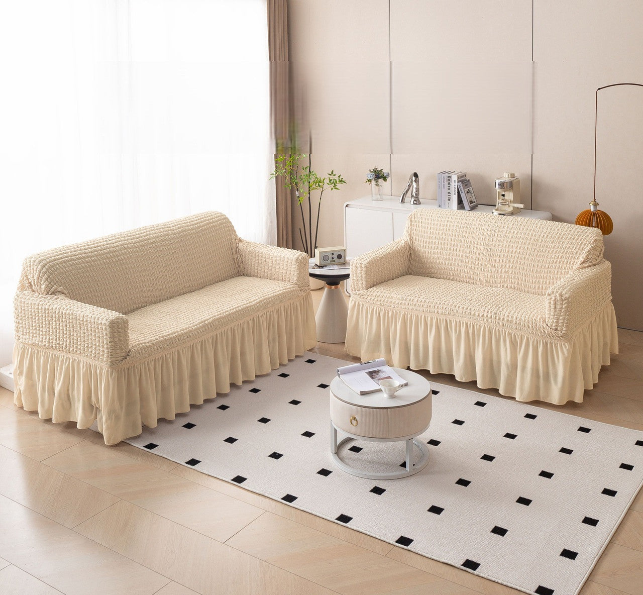 Bubble Frill Stretch Sofa Cover | Elastic Washable Couch 280 GSM 3+2 Seater Slipcover | Anti-Slip Furniture Protector | Dustproof Cover for Home and Office Sofa