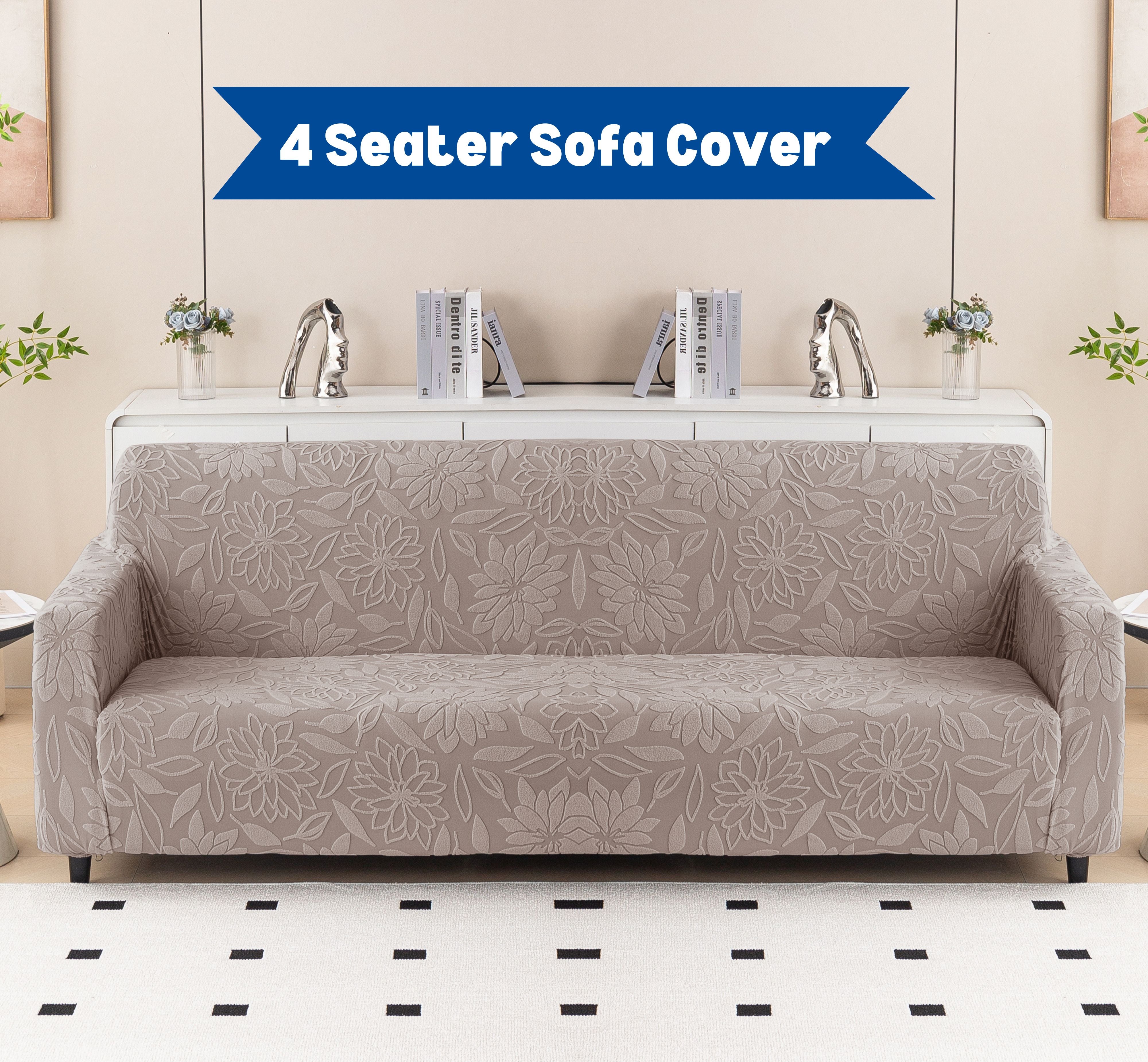 Premium 4 Seater Sofa Cover - Knitted Jacquard, Floral Textured Elastic Slipcover (Brown)