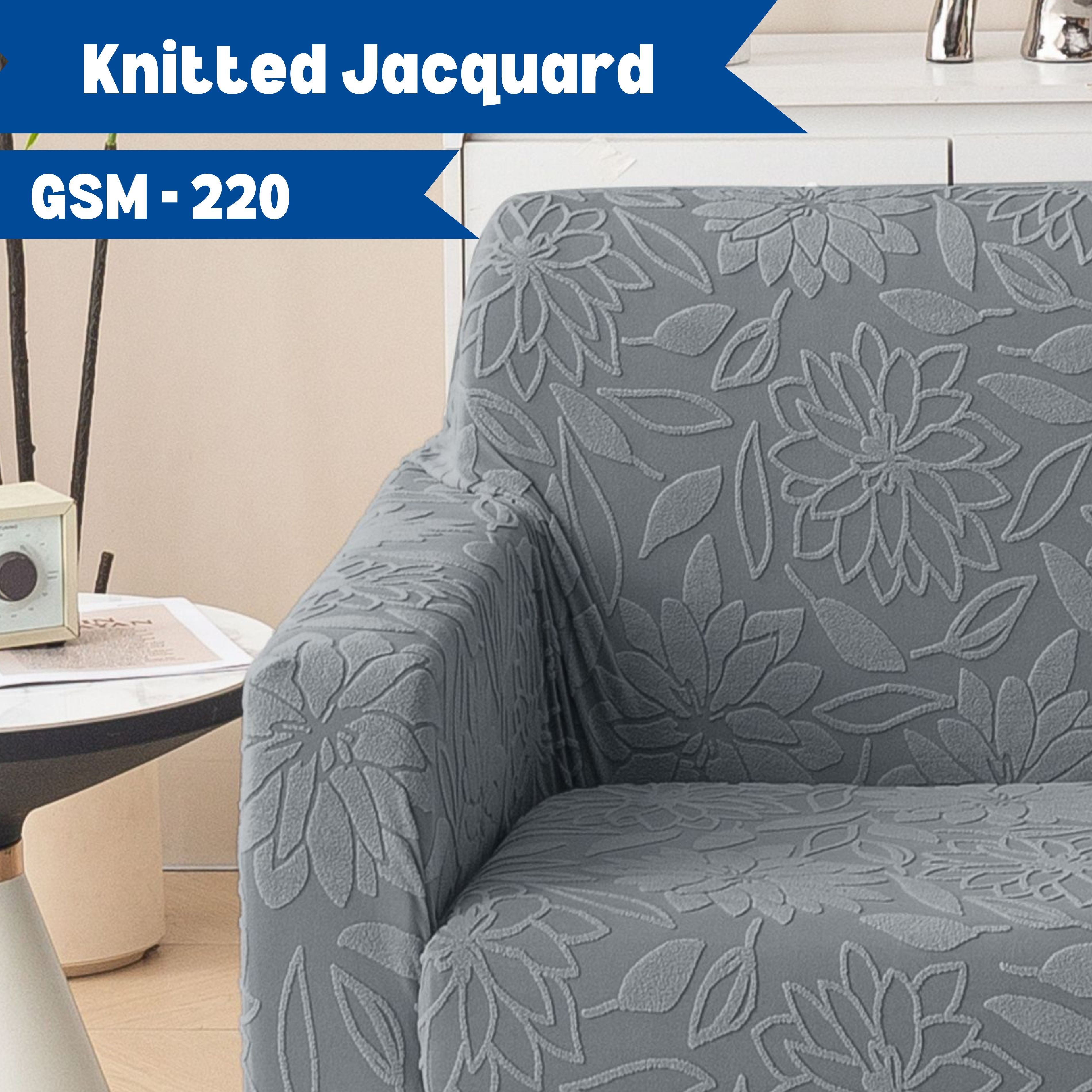 Premium 2 Seater Sofa Cover - Knitted Jacquard, Floral Textured Elastic Slipcover (Grey)