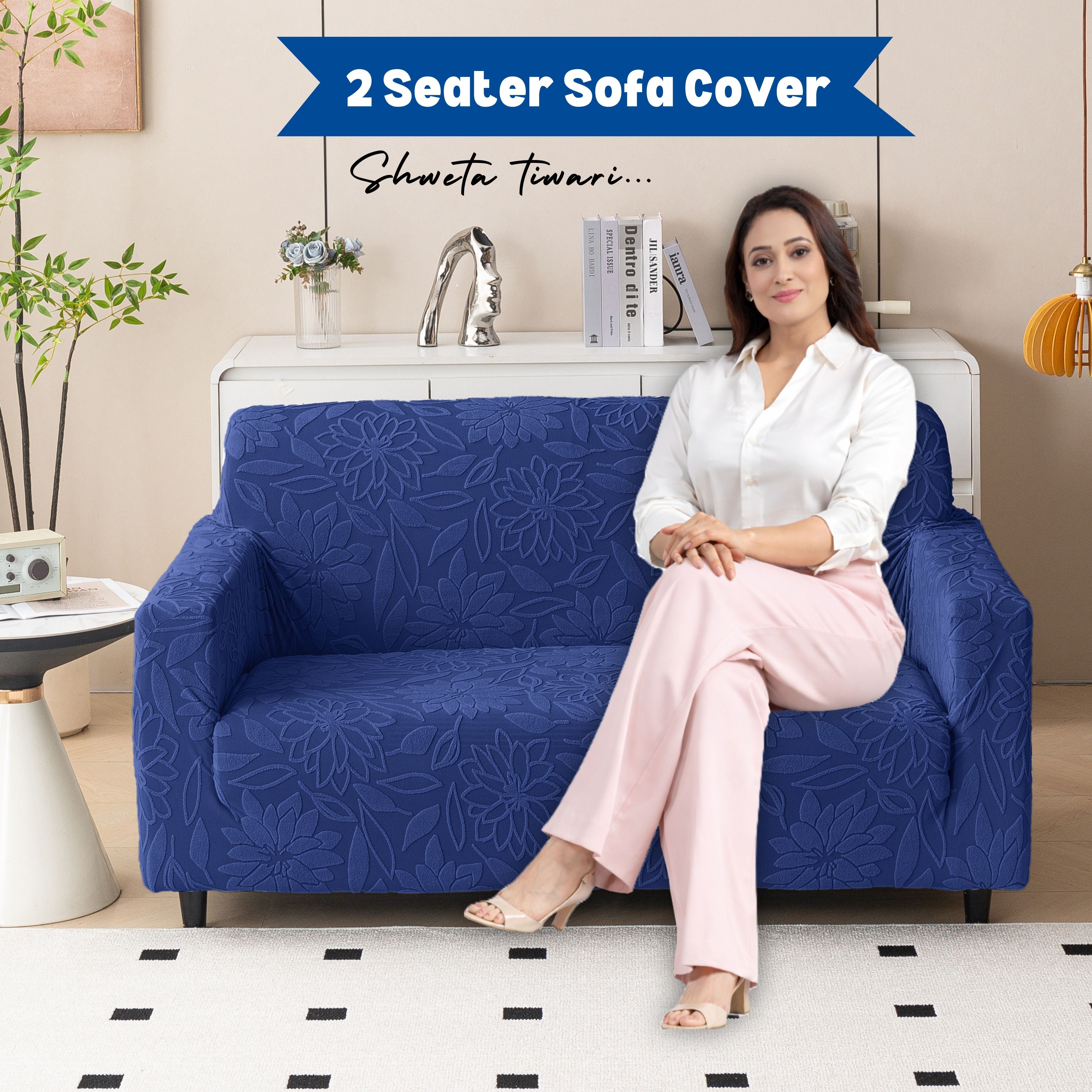 Premium 2 Seater Sofa Cover - Knitted Jacquard, Floral Textured Elastic Slipcover (Navy Blue)