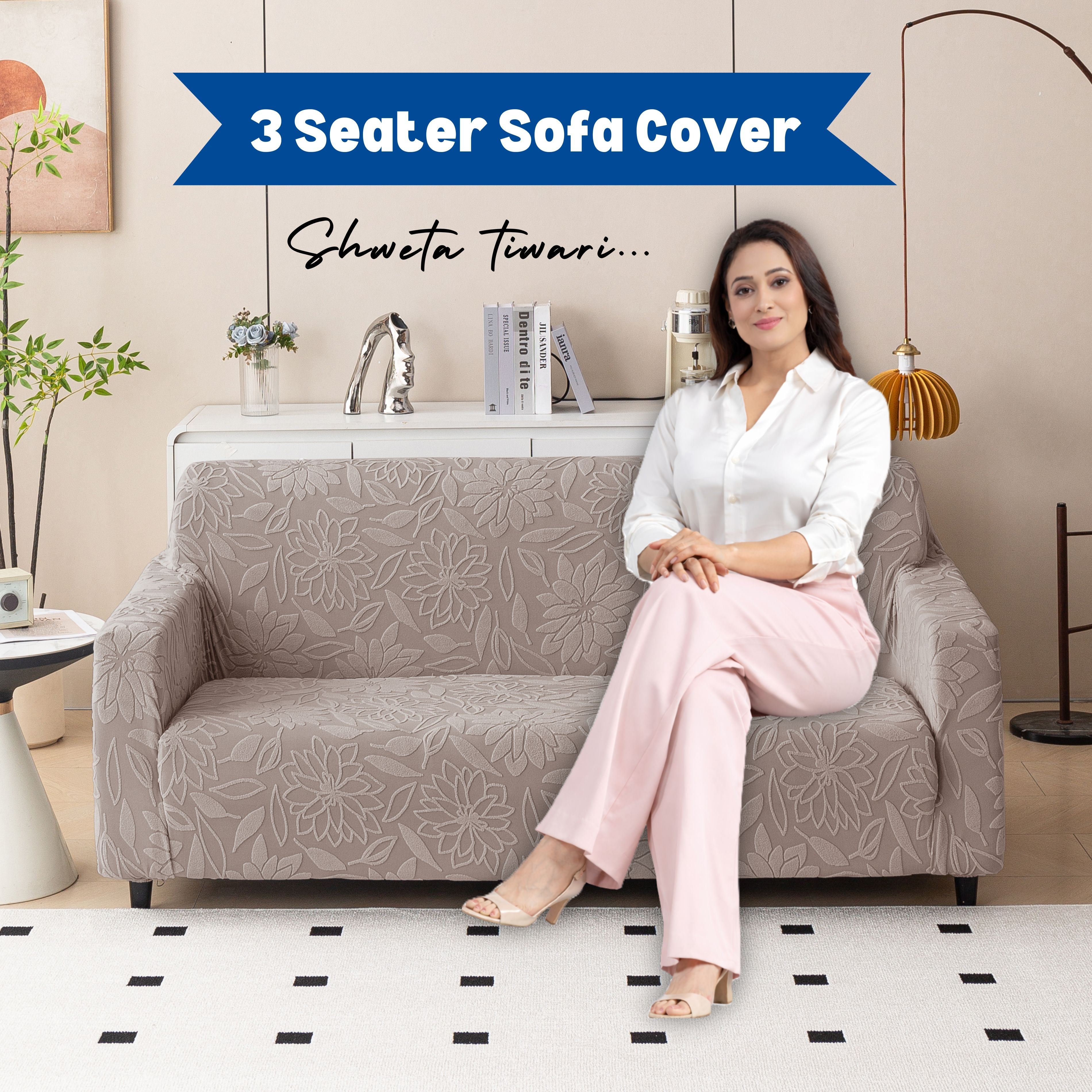Premium 3 Seater Sofa Cover - Knitted Jacquard, Floral Textured Elastic Slipcover (Brown)