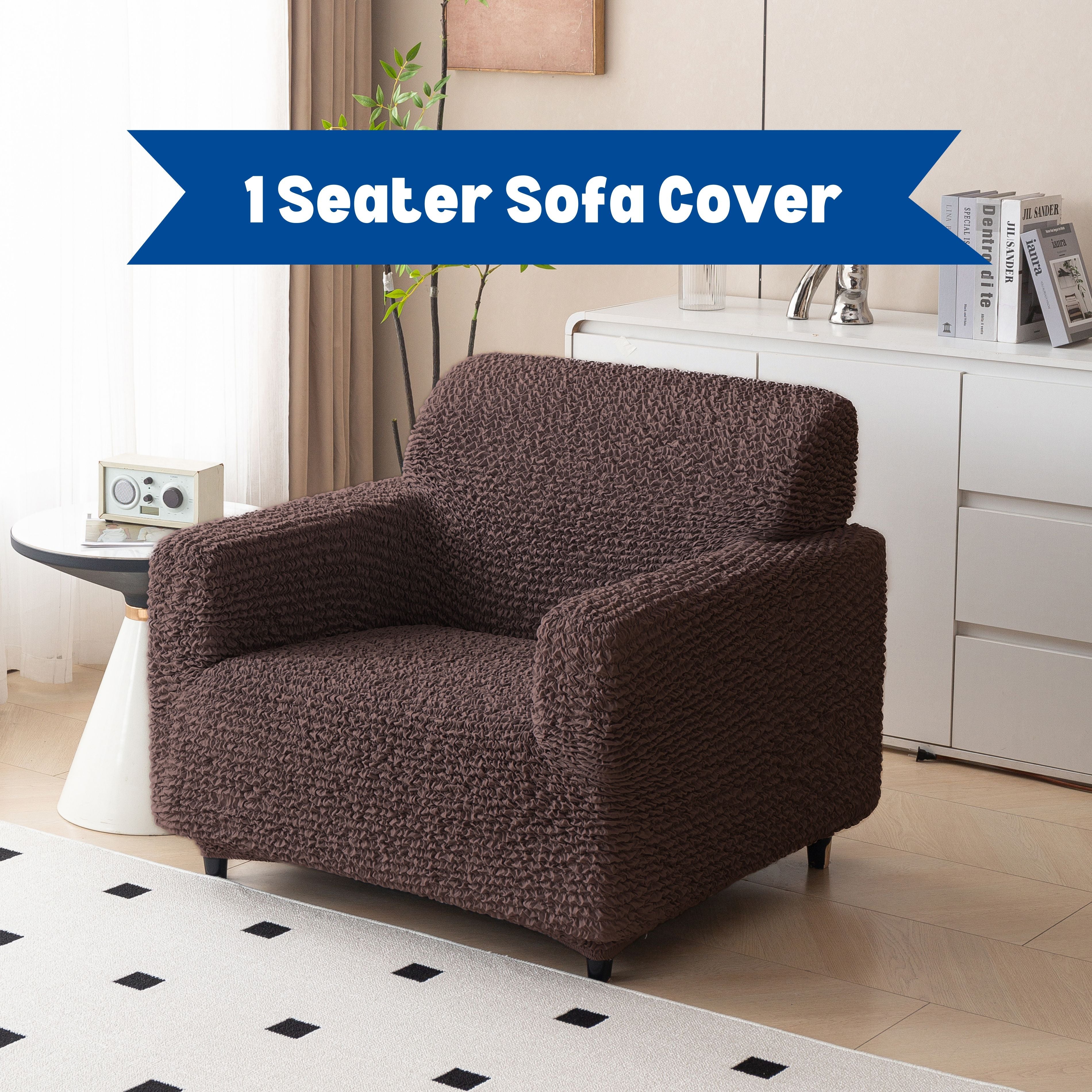 Premium 1 Seater Sofa Cover - Microfiber Stretchable Italian Textured Armchair Slipcover (Brown)
