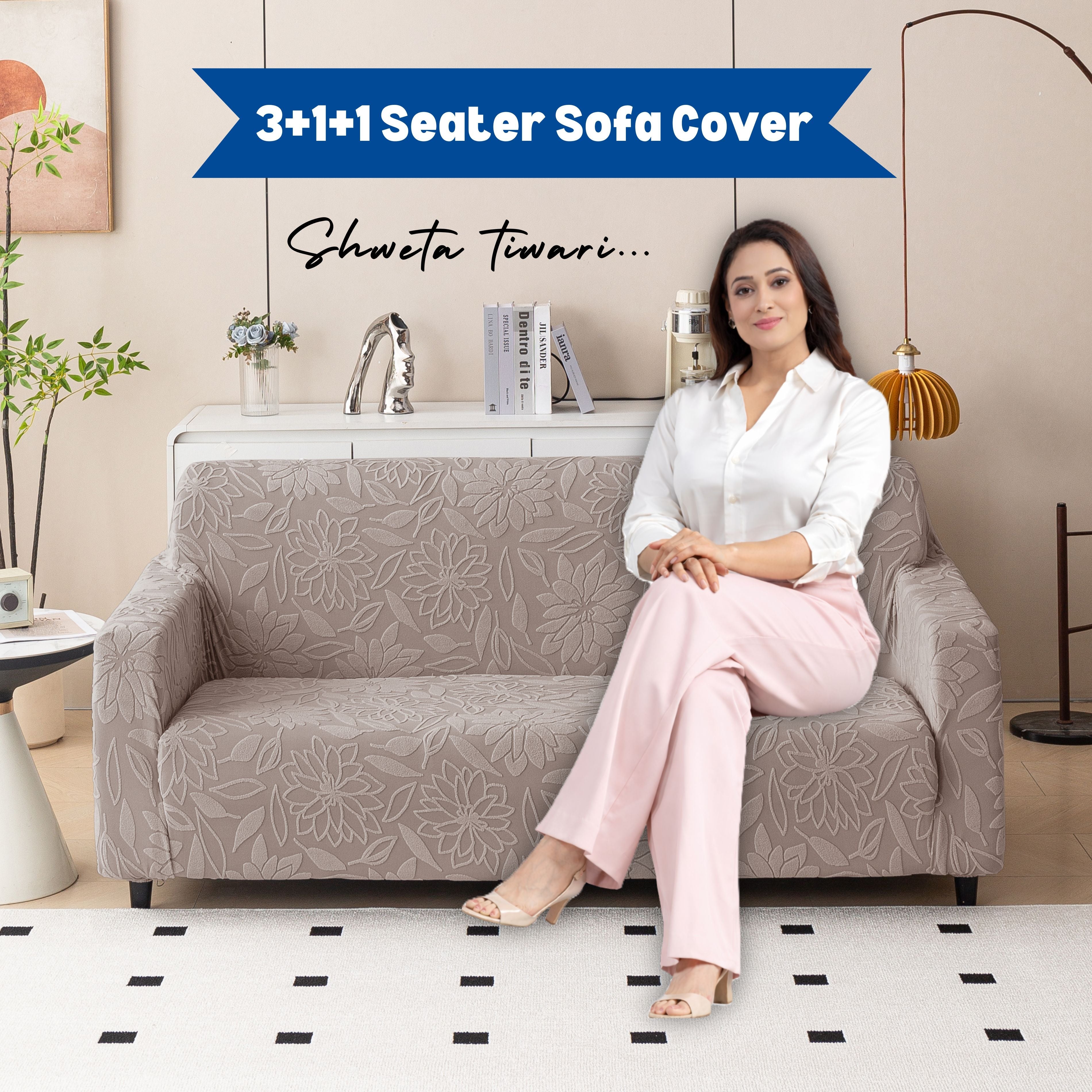 Premium 3+1+1 Seater Sofa Cover Set - Knitted Jacquard, Floral Textured Elastic Slipcovers (Brown)