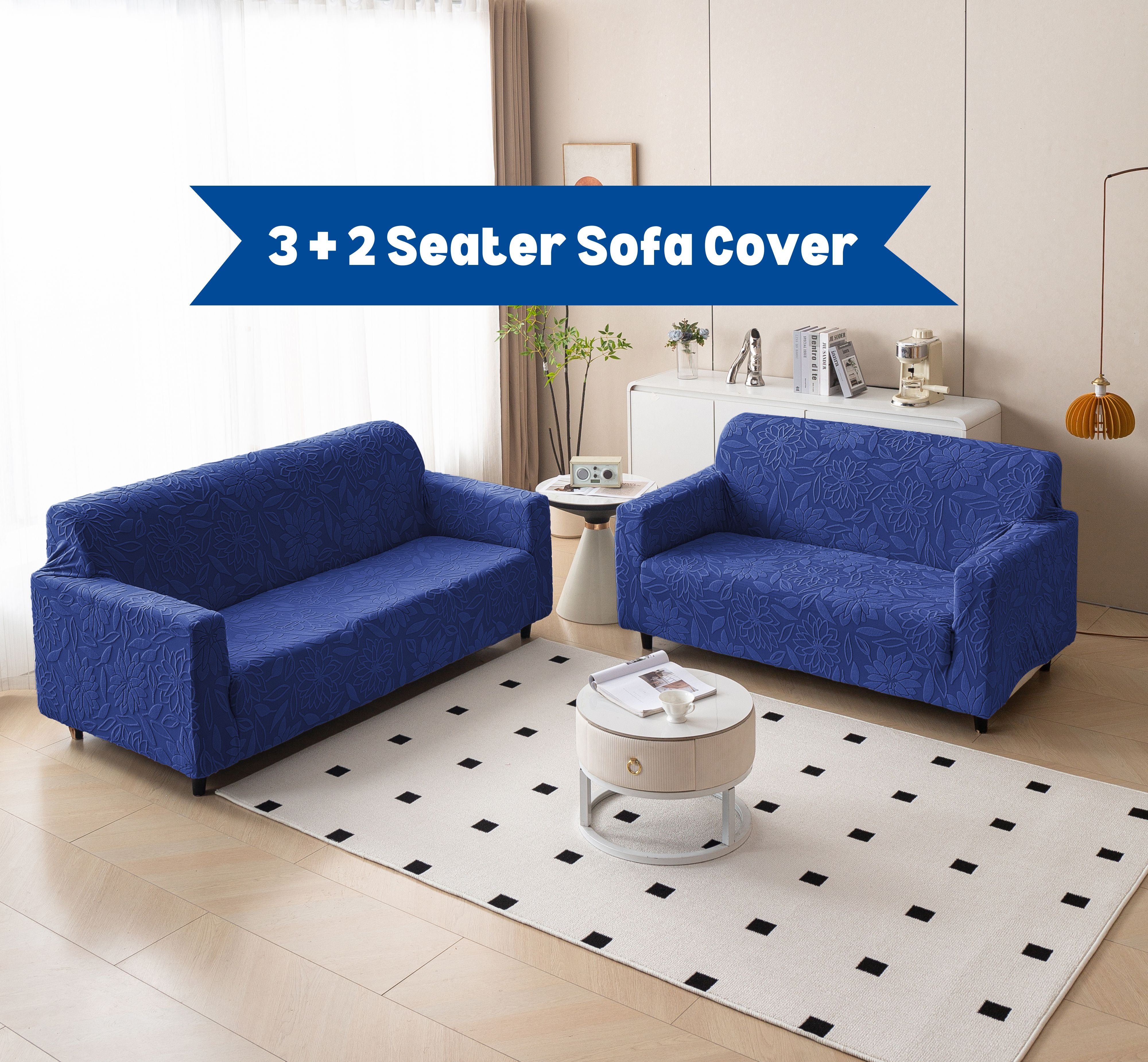 Premium 3+2 Seater Sofa Cover Set - Knitted Jacquard, Floral Textured Elastic Slipcovers (Navy Blue)
