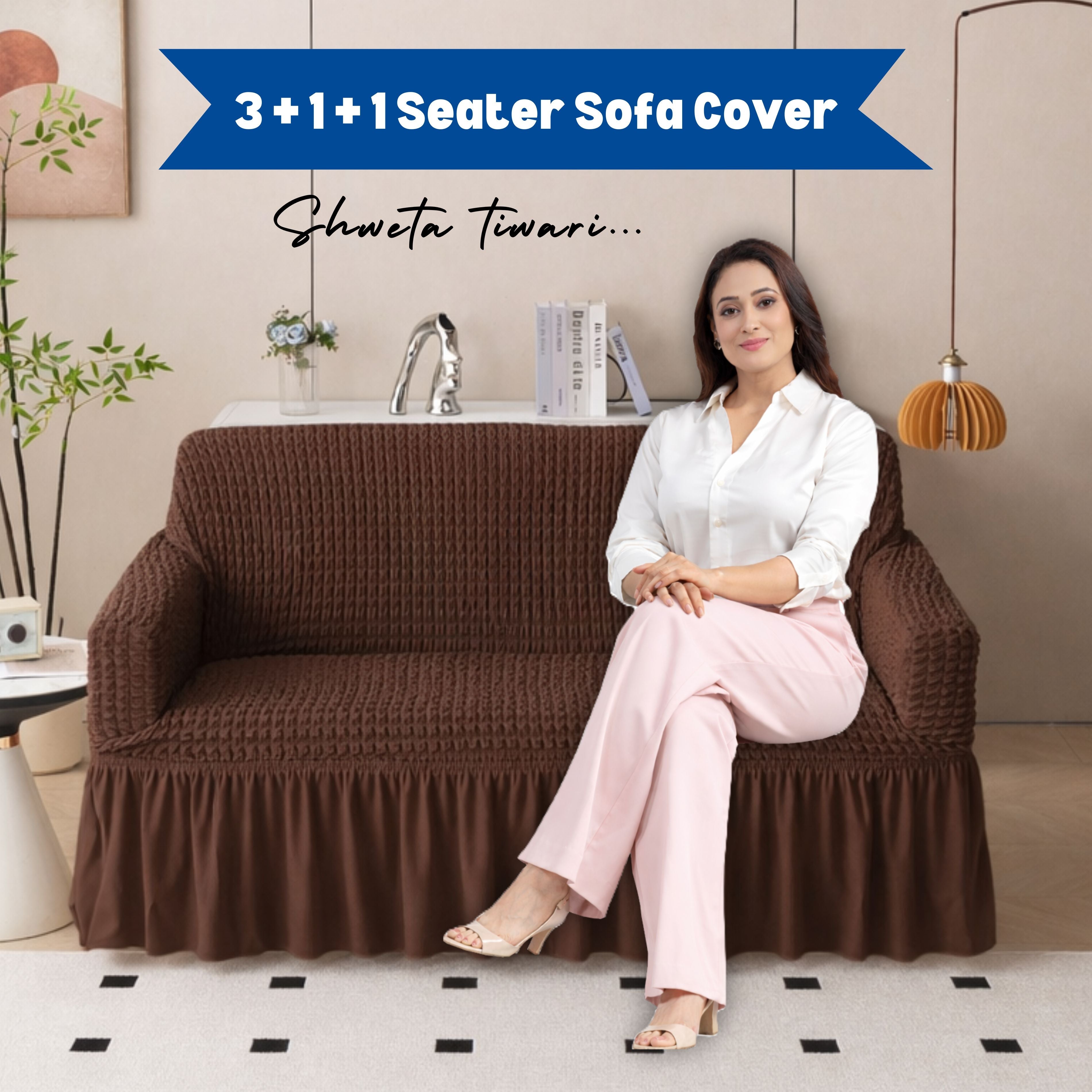 Premium Bubble Frill 3+1+1 Seater Sofa Cover Set - High Stretch Textured Fabric (Brown)