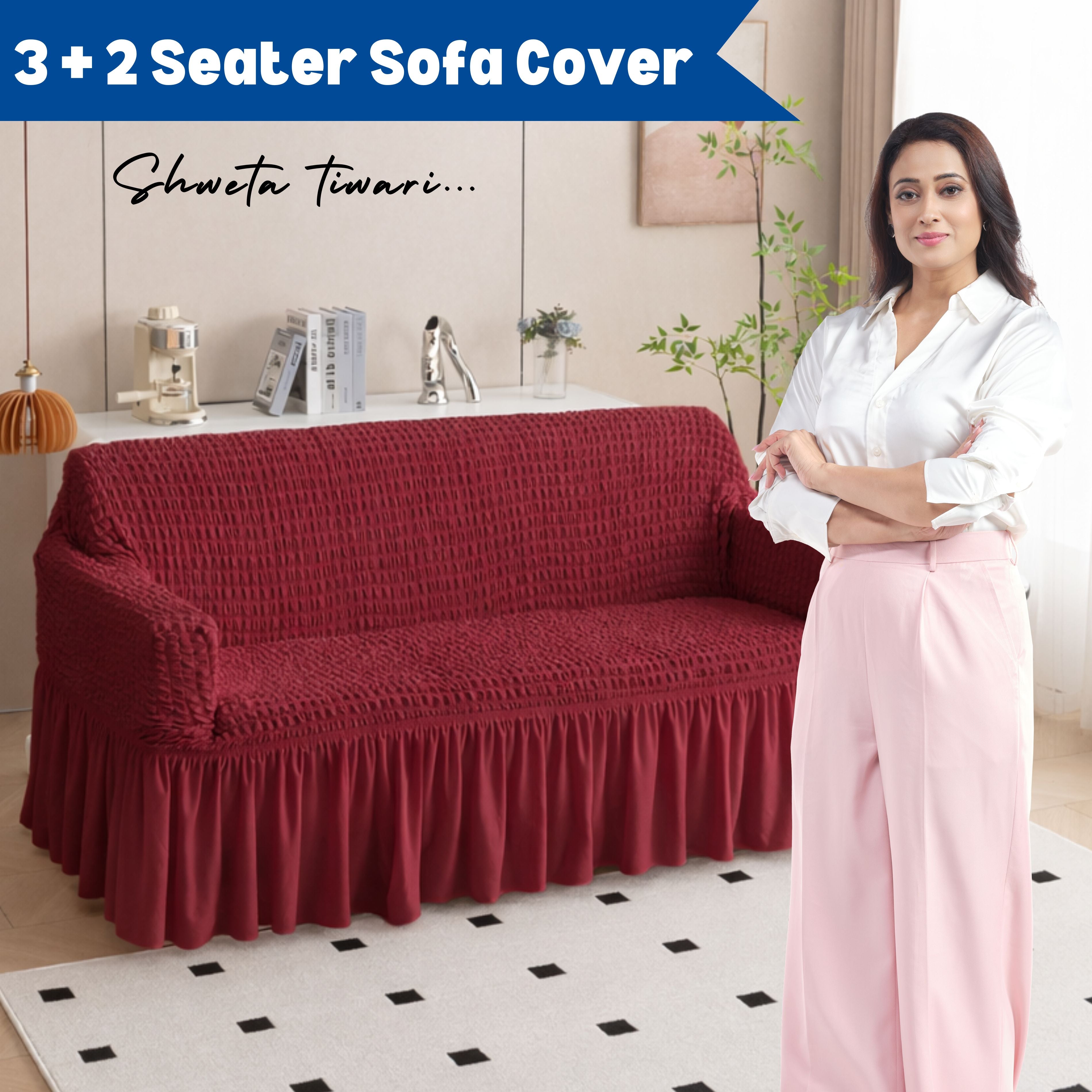 Premium Bubble Frill 3+2 Seater Sofa Cover Set - Maroon
