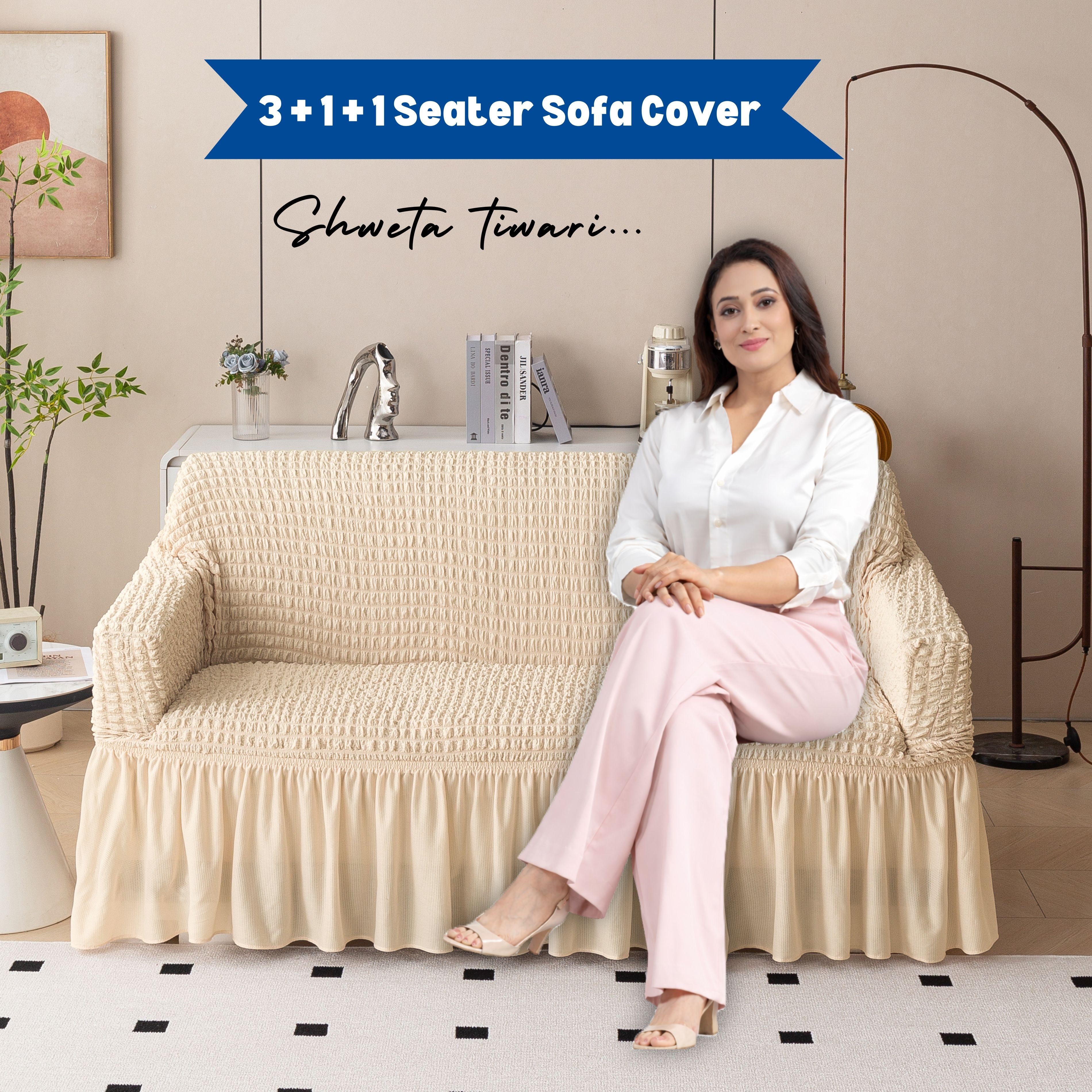 Premium Bubble Frill 3+1+1 Seater Sofa Cover Set - High Stretch Textured Fabric (Beige)