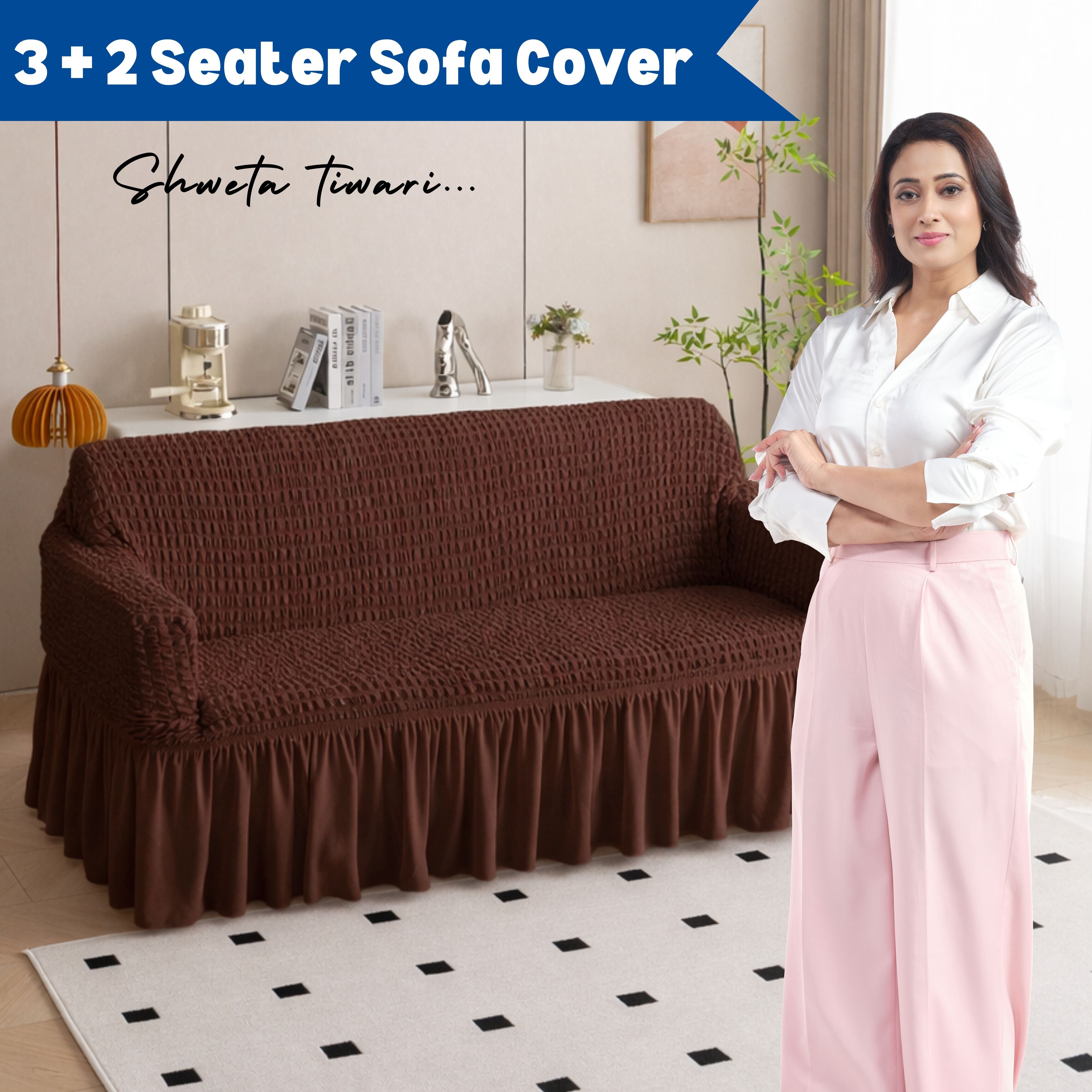 Premium Bubble Frill 3-Seater Sofa Cover - Brown