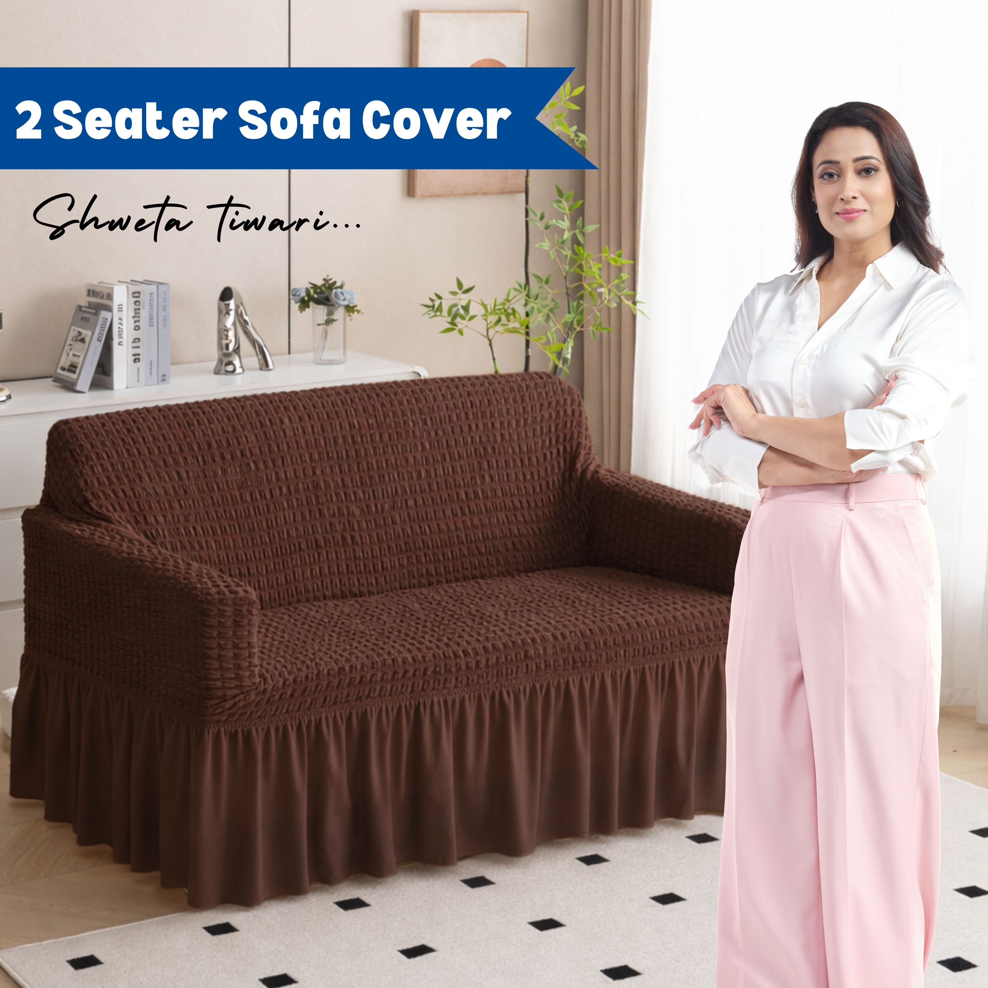 Premium Bubble Frill 2-Seater Sofa Cover - Brown