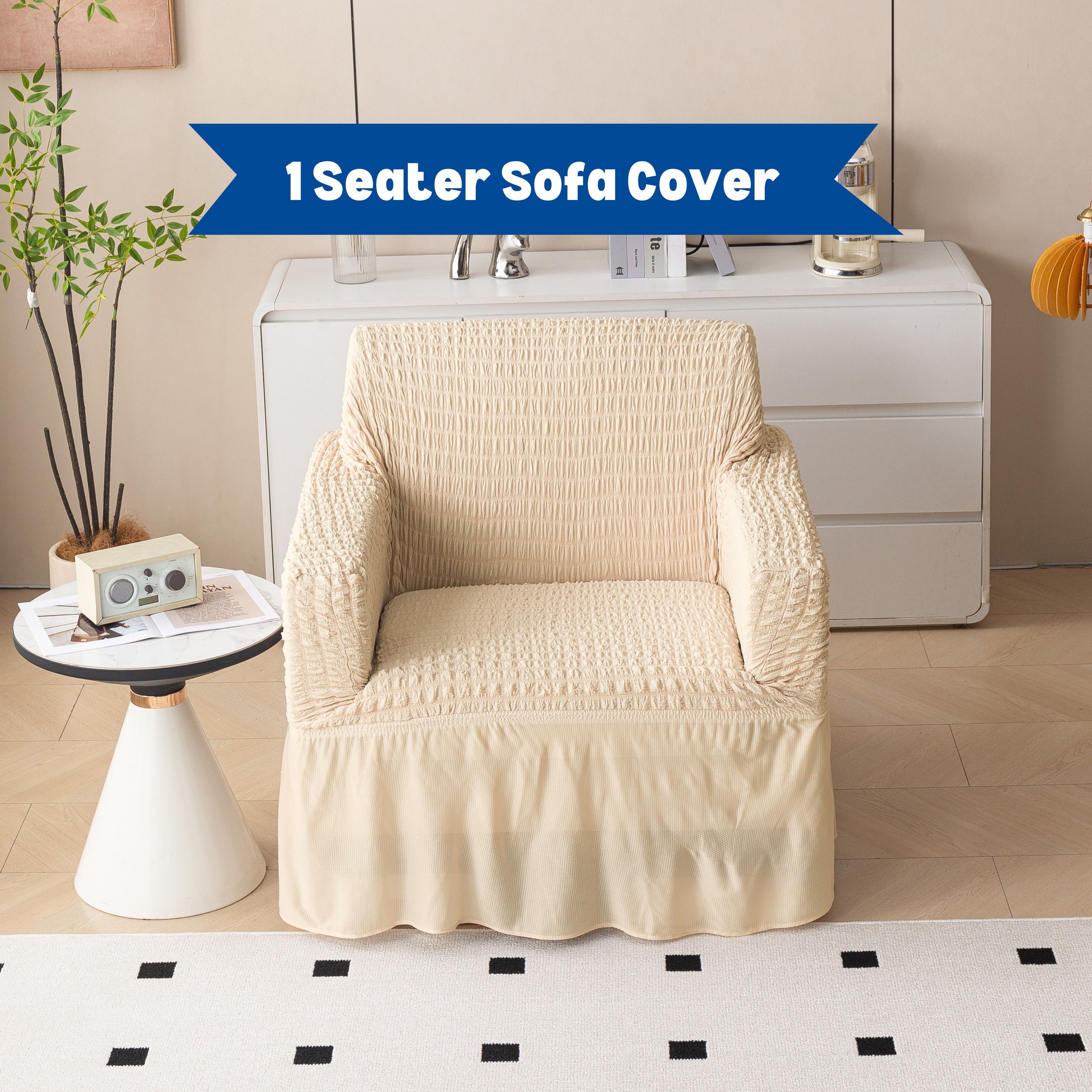 Premium Bubble Frill 1-Seater Sofa Cover - Cream Beige