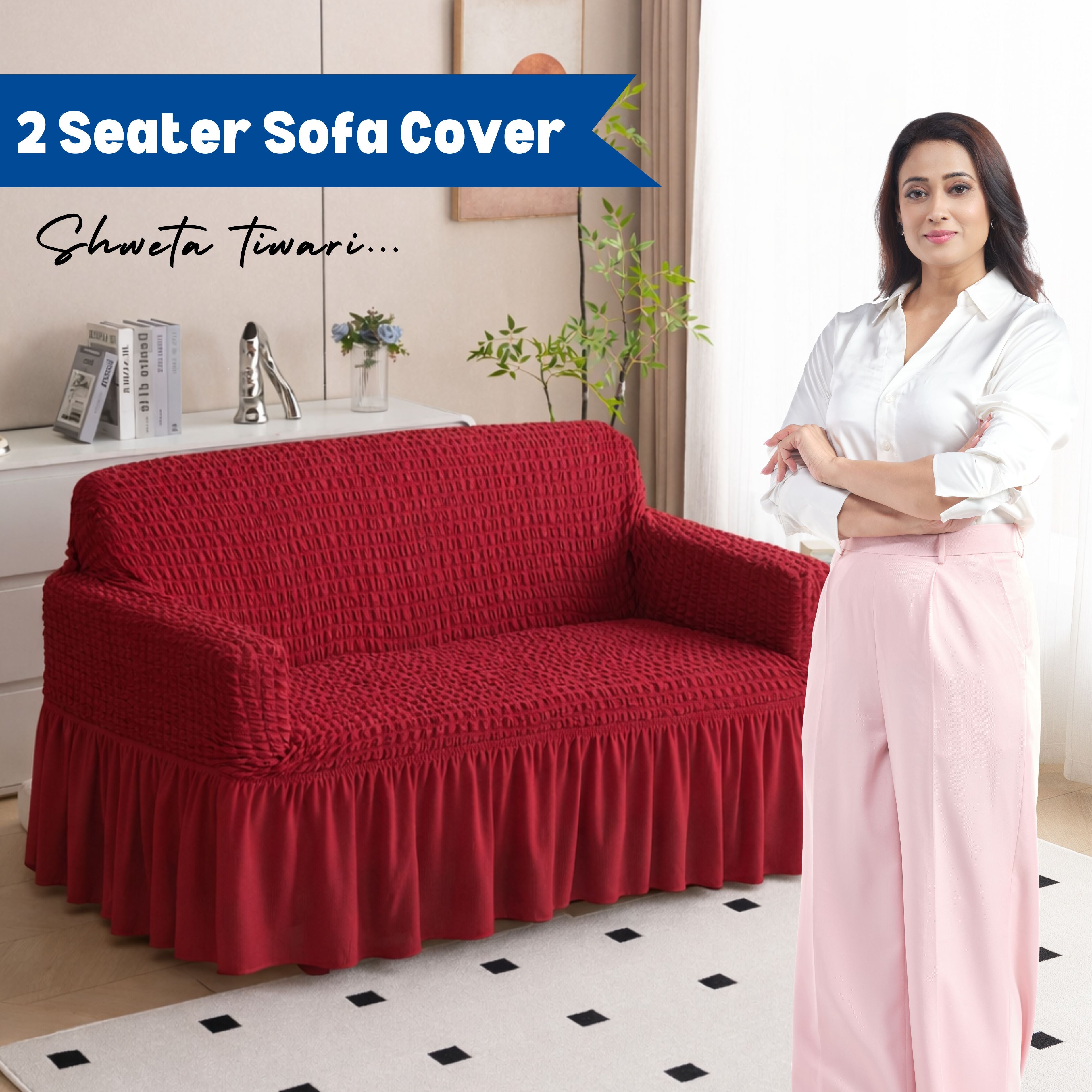 Premium Bubble Frill 2-Seater Sofa Cover - Maroon