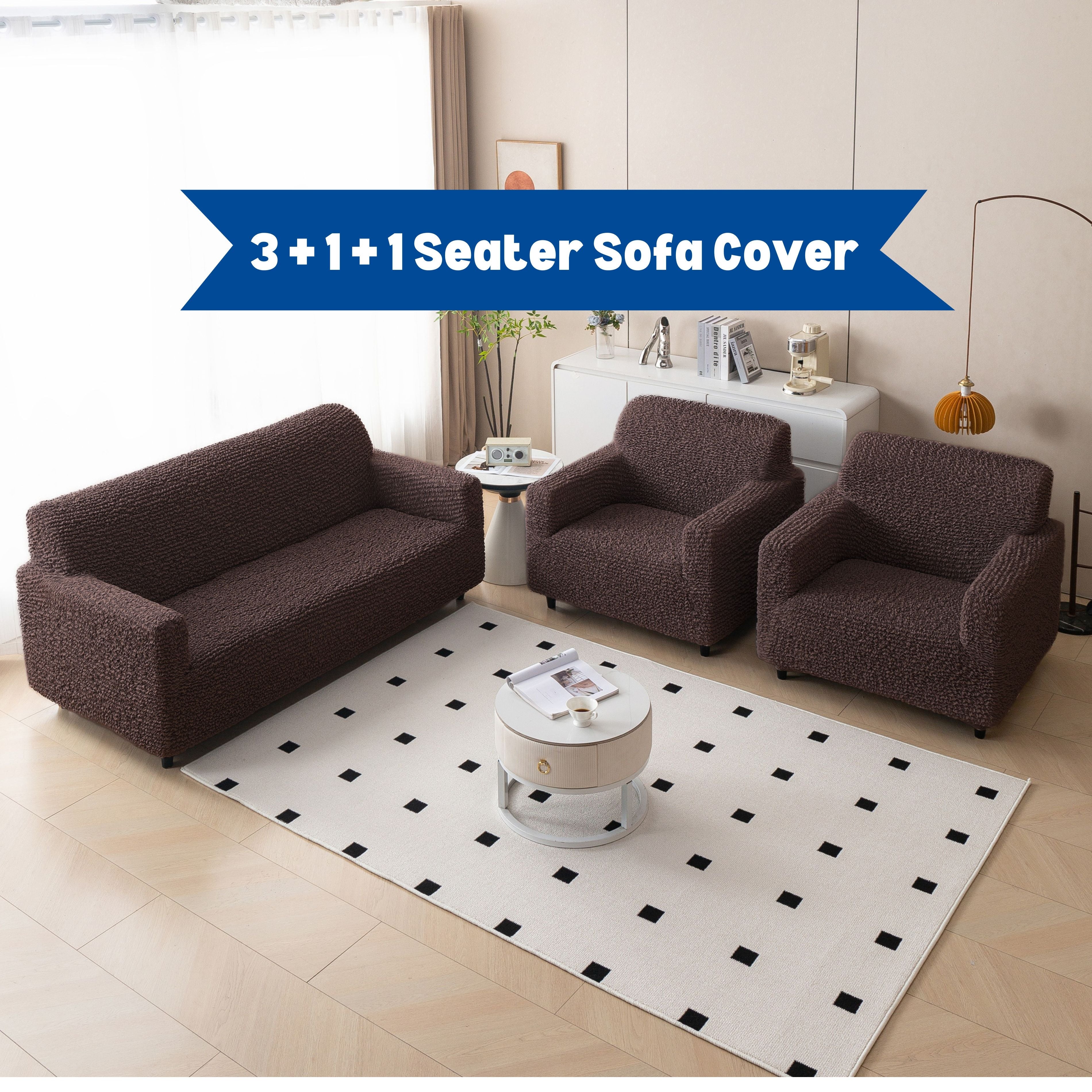 Premium 3+1+1 Seater Sofa Cover Set - Microfiber Stretchable Italian Textured Slipcovers (Brown)