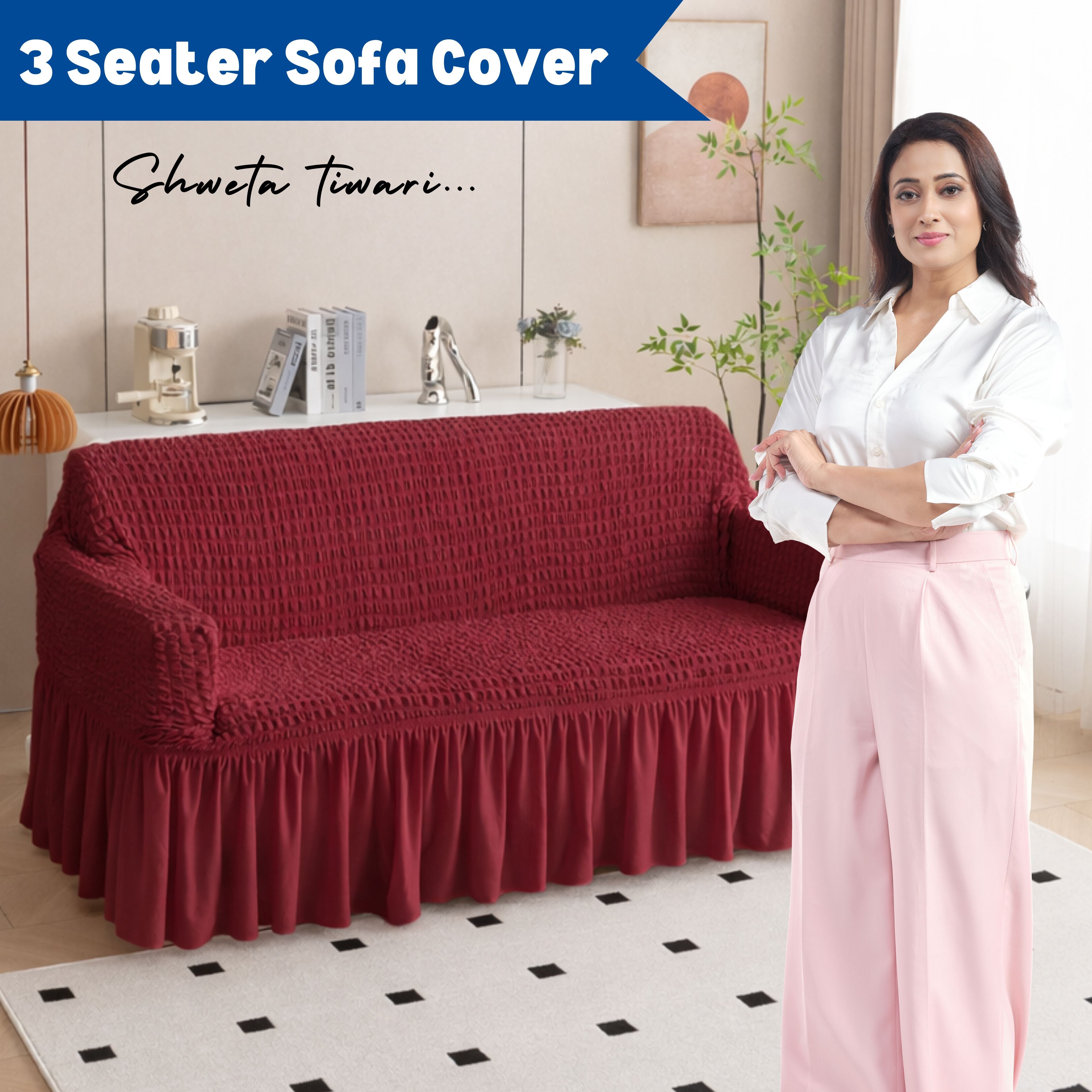Premium Bubble Frill 3-Seater Sofa Cover - Maroon