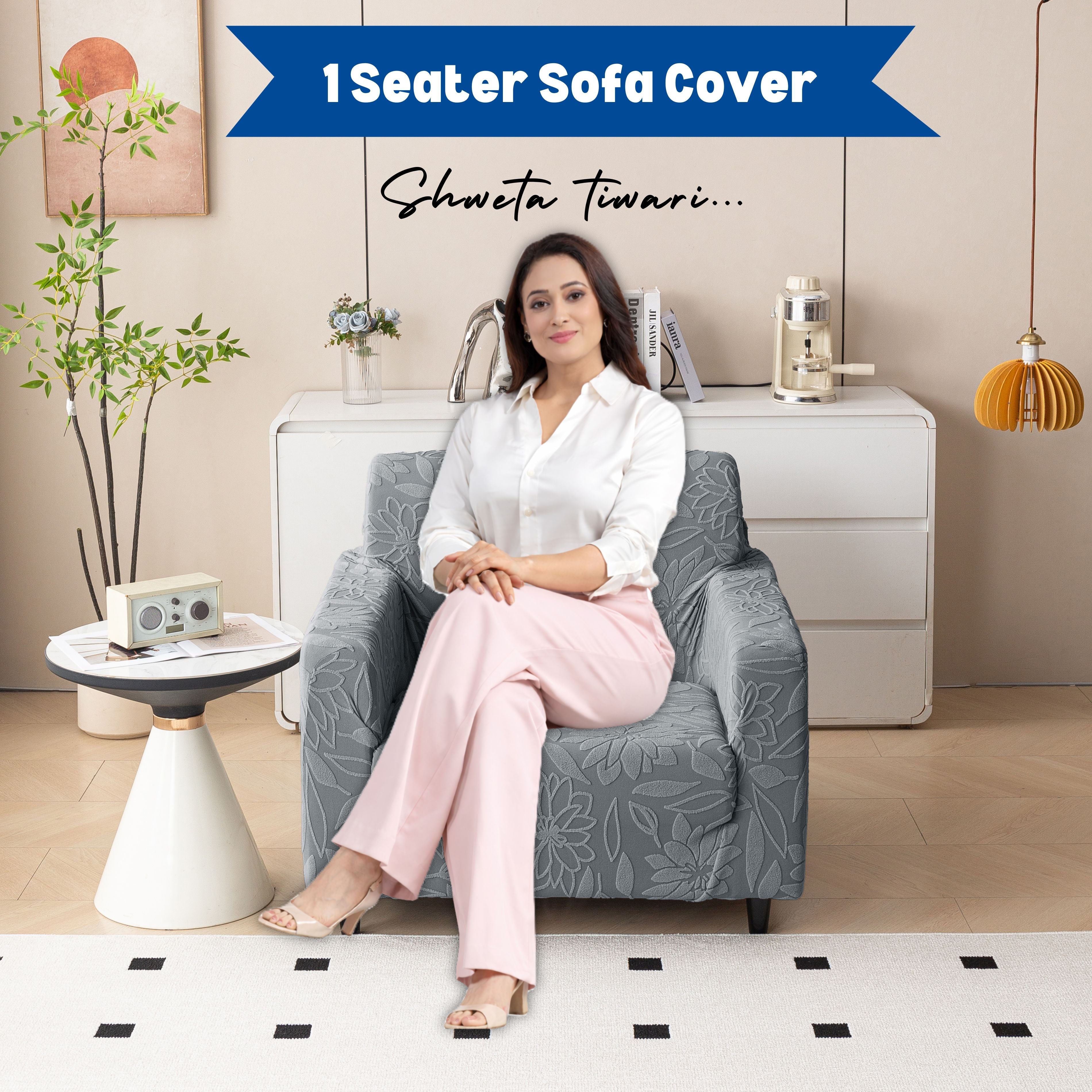 Premium 1 Seater Sofa Cover - Knitted Jacquard, Floral Textured Elastic Slipcover (Grey)
