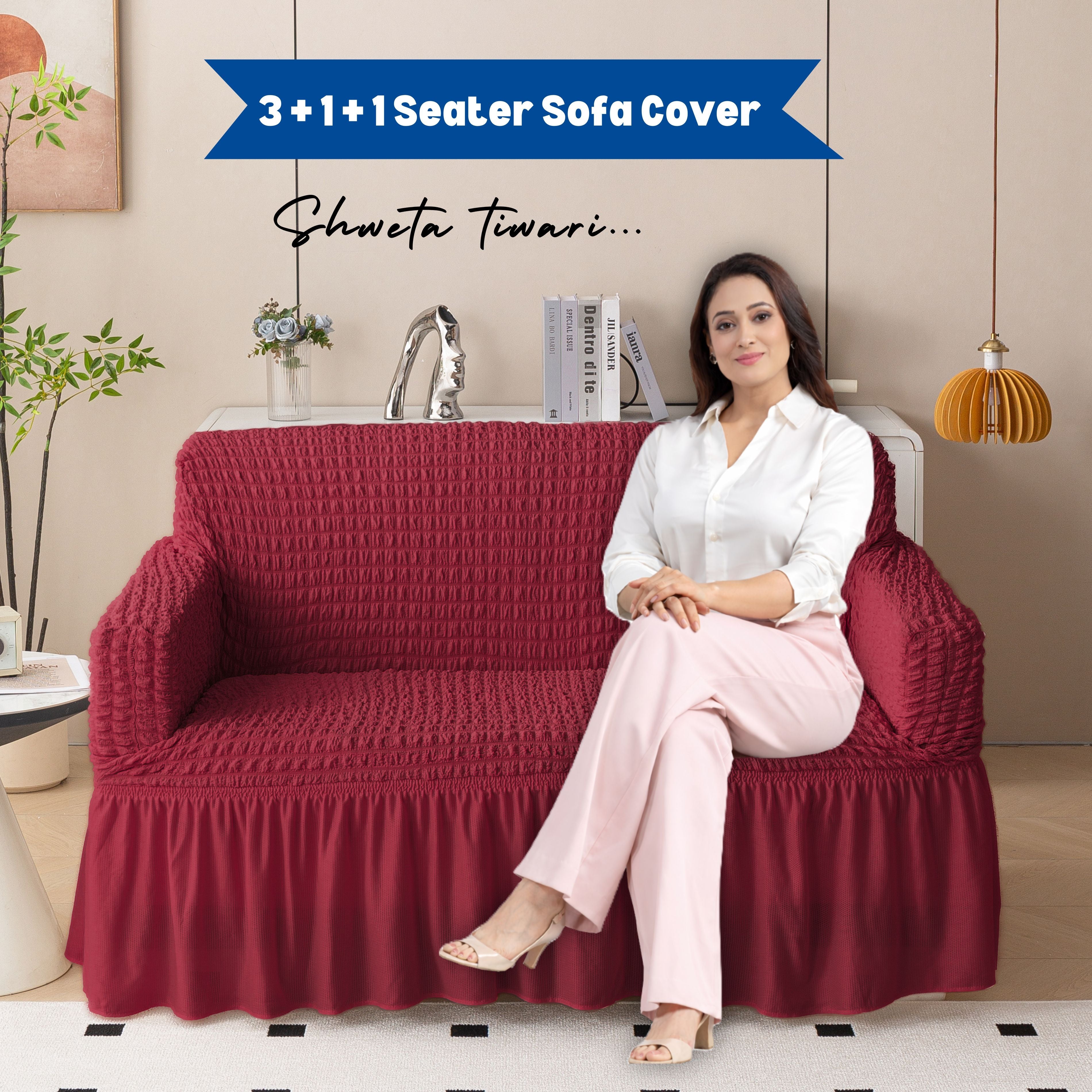 Premium Bubble Frill 3+1+1 Seater Sofa Cover Set - High Stretch Textured Fabric (Maroon)