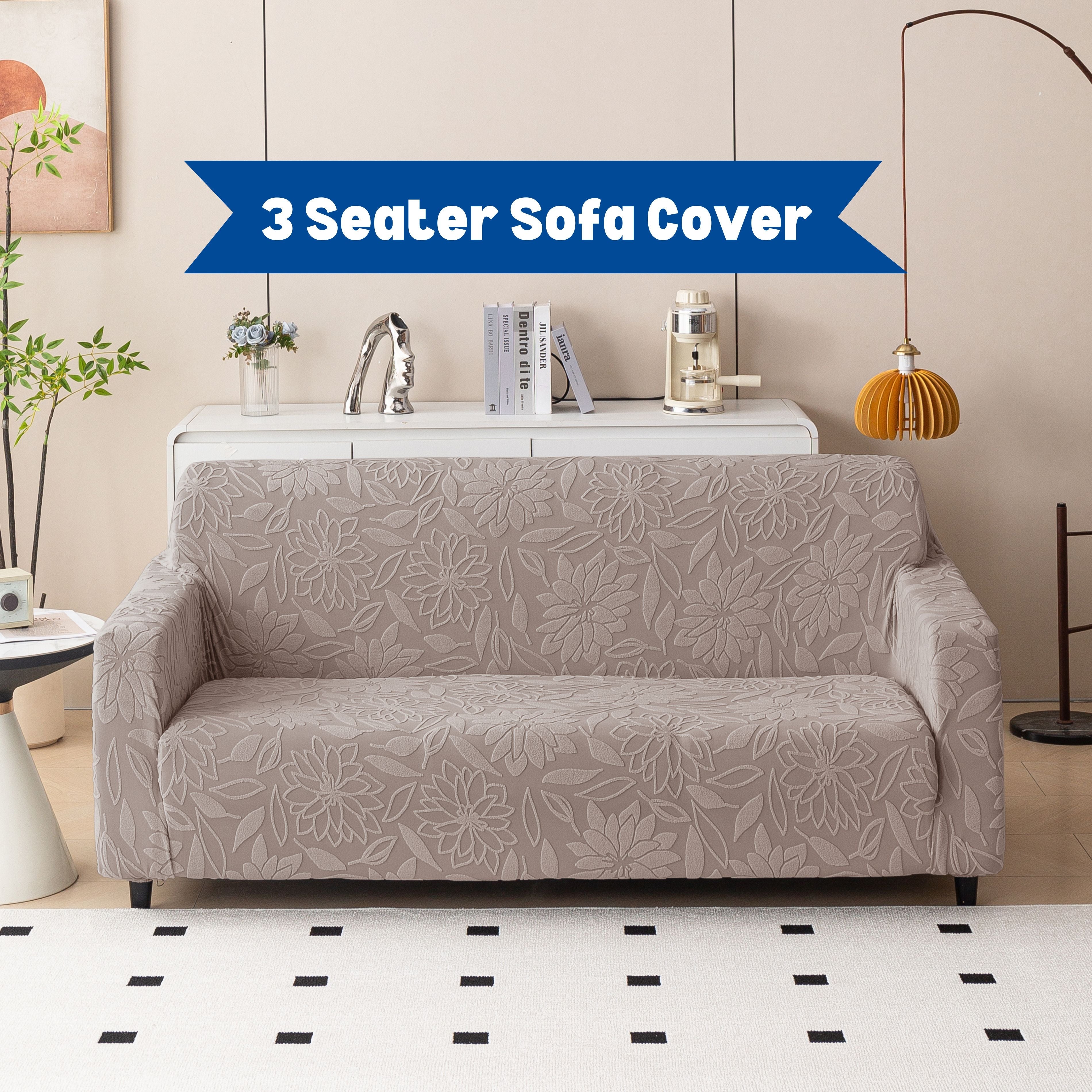 Premium 3 Seater Sofa Cover - Knitted Jacquard, Floral Textured Elastic Slipcover (Brown)