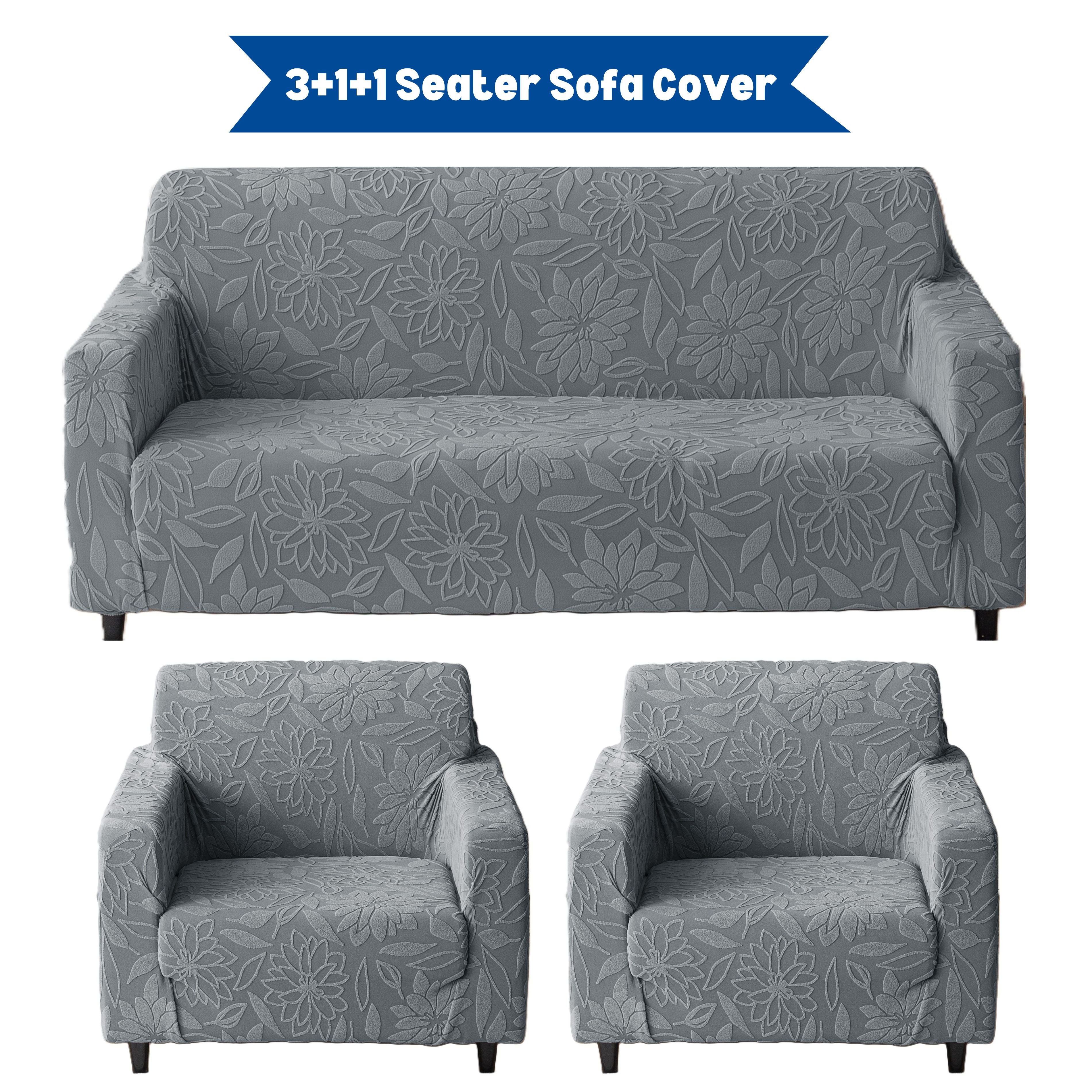 Premium 3+1+1 Seater Sofa Cover Set - Knitted Jacquard, Floral Textured Elastic Slipcovers (Grey)