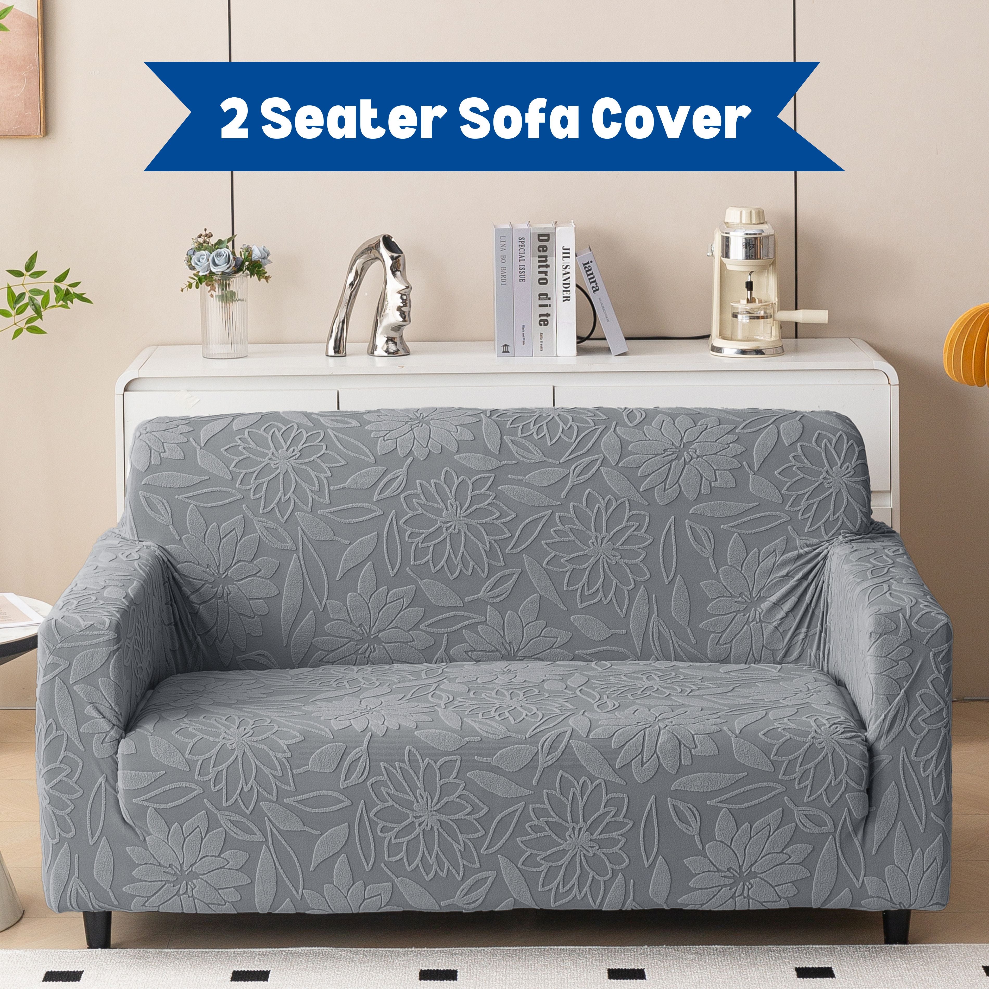 Premium 2 Seater Sofa Cover - Knitted Jacquard, Floral Textured Elastic Slipcover (Grey)