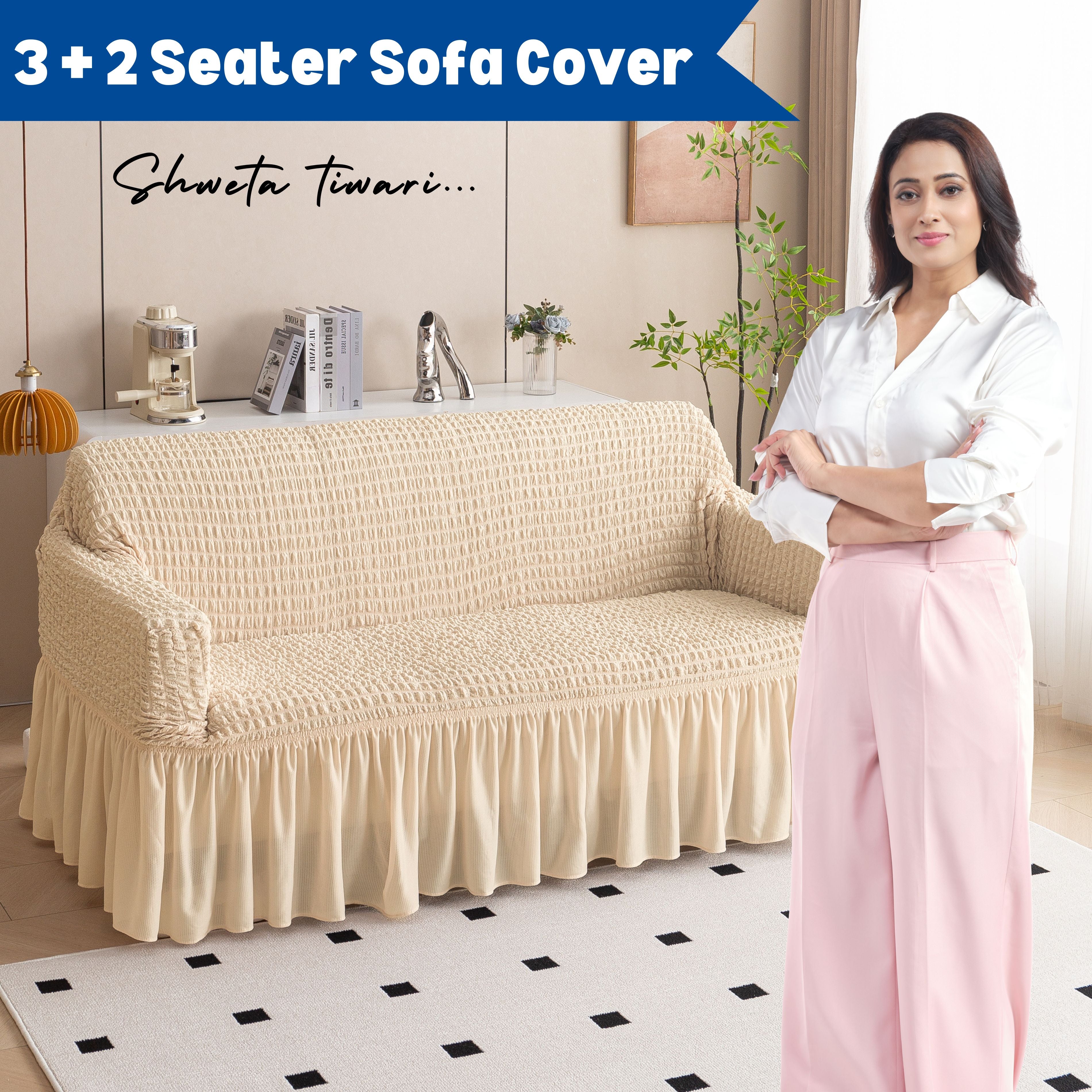 Premium Bubble Frill 3+2 Seater Sofa Cover Set - Cream Beige