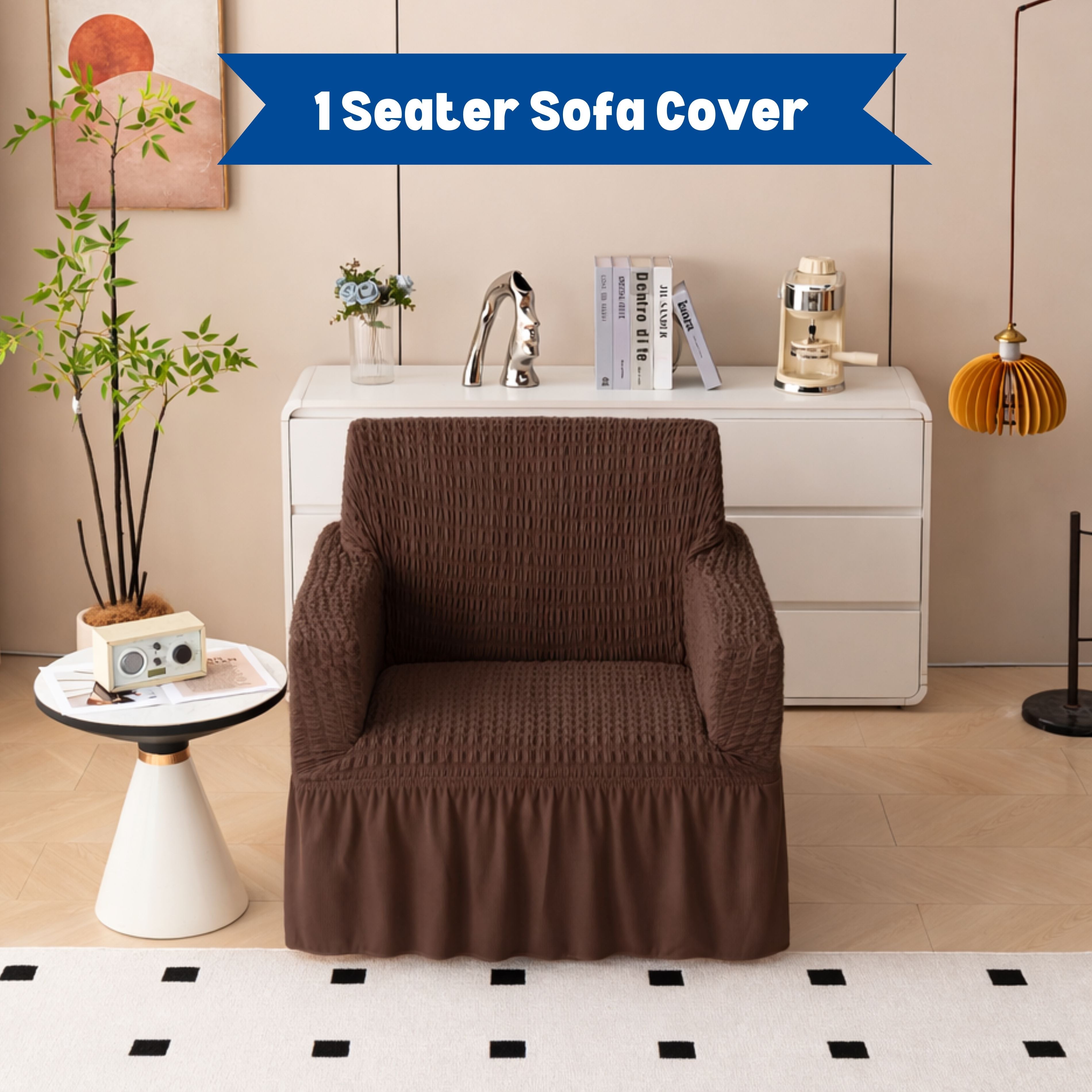 Premium Bubble Frill 1-Seater Sofa Cover - Dark Brown