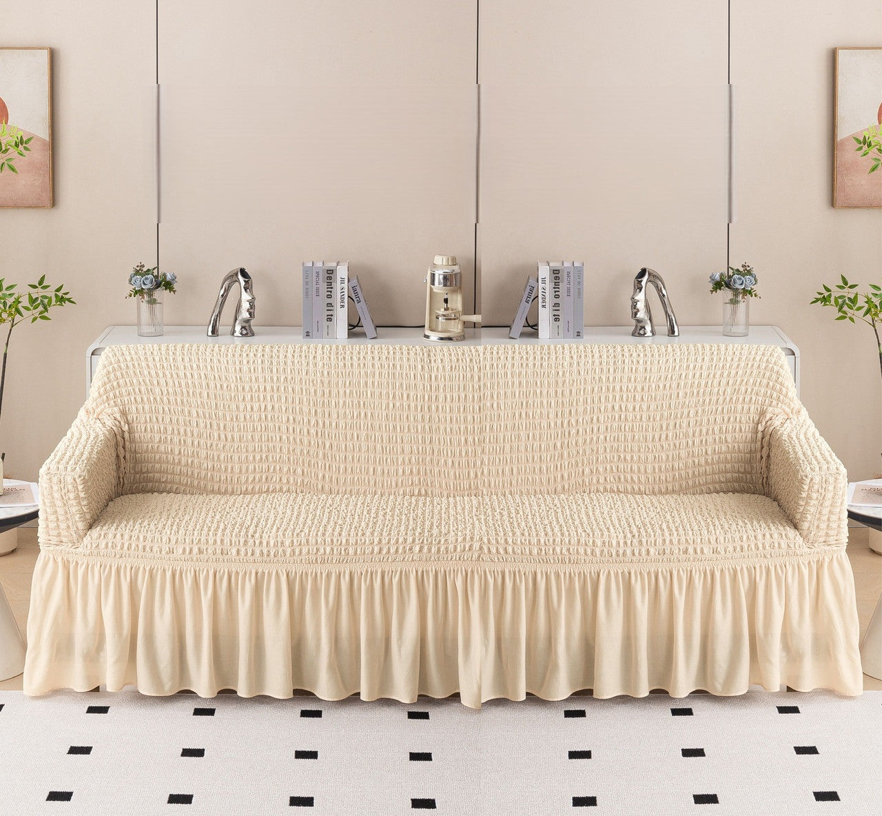 Bubble Frill Stretch Sofa Cover | Elastic Washable Couch 280 GSM 4 Seater Slipcover | Anti-Slip Furniture Protector | Dustproof Cover for Home and Office Sofa