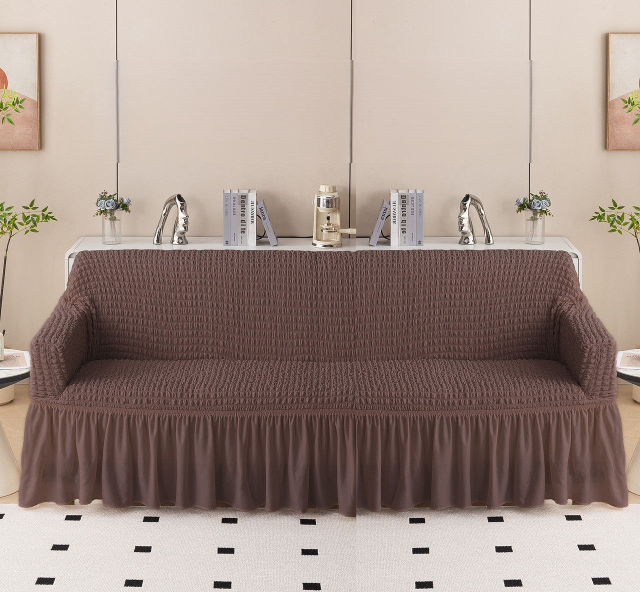 Bubble Frill Stretch Sofa Cover | Elastic Washable Couch 280 GSM 4 Seater Slipcover | Anti-Slip Furniture Protector | Dustproof Cover for Home and Office Sofa
