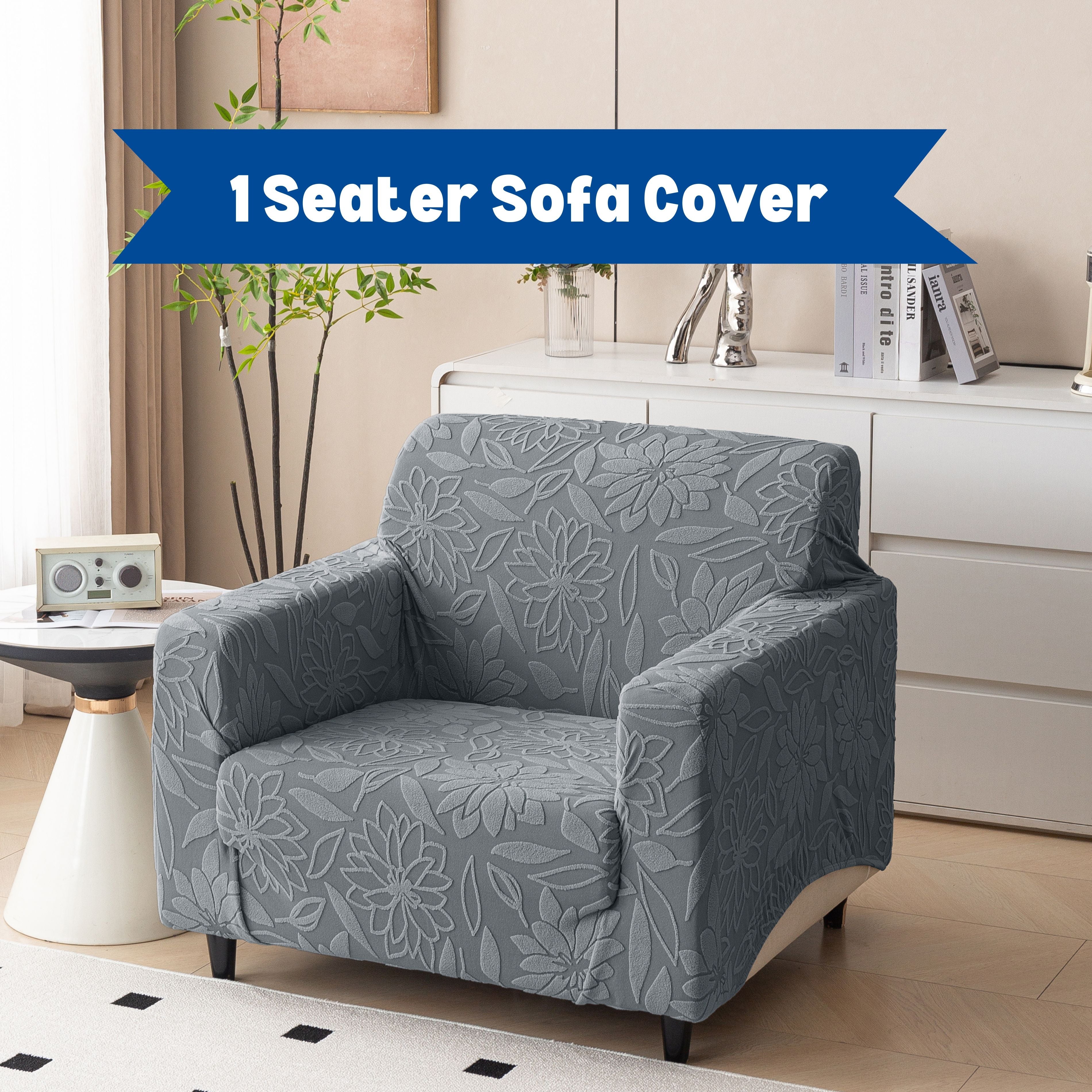 Premium 1 Seater Sofa Cover - Knitted Jacquard, Floral Textured Elastic Slipcover (Grey)