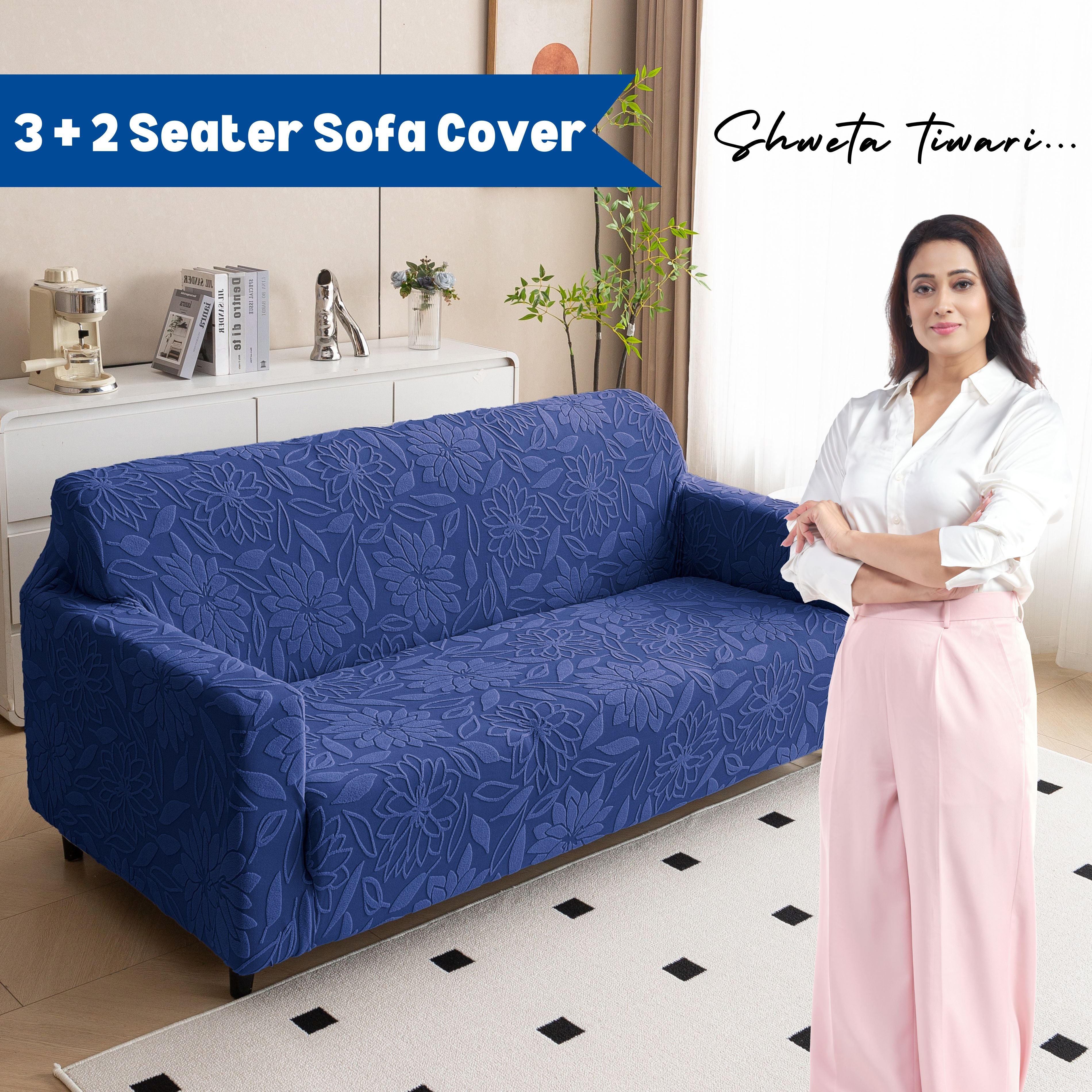 Premium 3+2 Seater Sofa Cover Set - Knitted Jacquard, Floral Textured Elastic Slipcovers (Navy Blue)