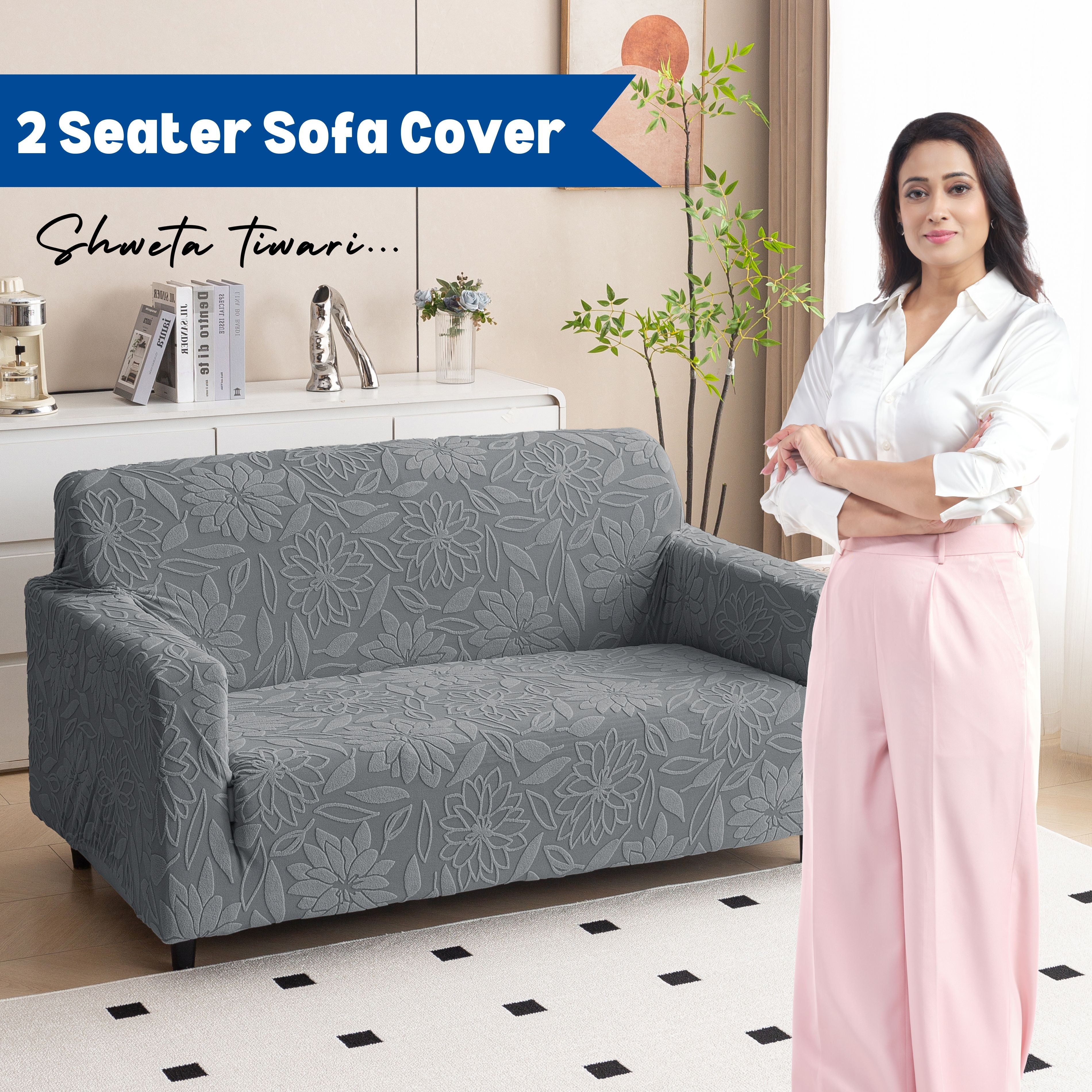 Premium 2 Seater Sofa Cover - Knitted Jacquard, Floral Textured Elastic Slipcover (Grey)
