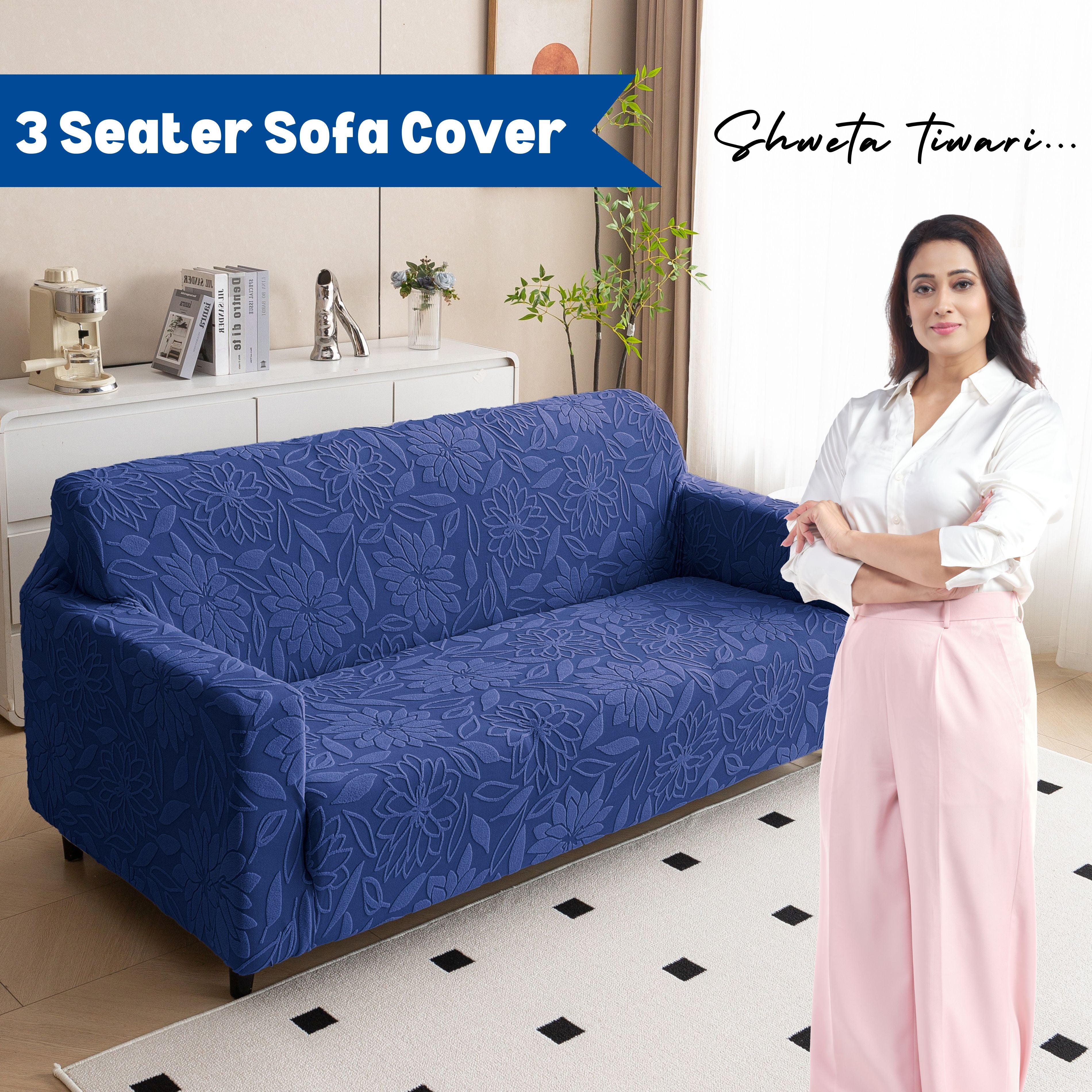 Premium 3 Seater Sofa Cover - Knitted Jacquard, Floral Textured Elastic Slipcover (Navy Blue)
