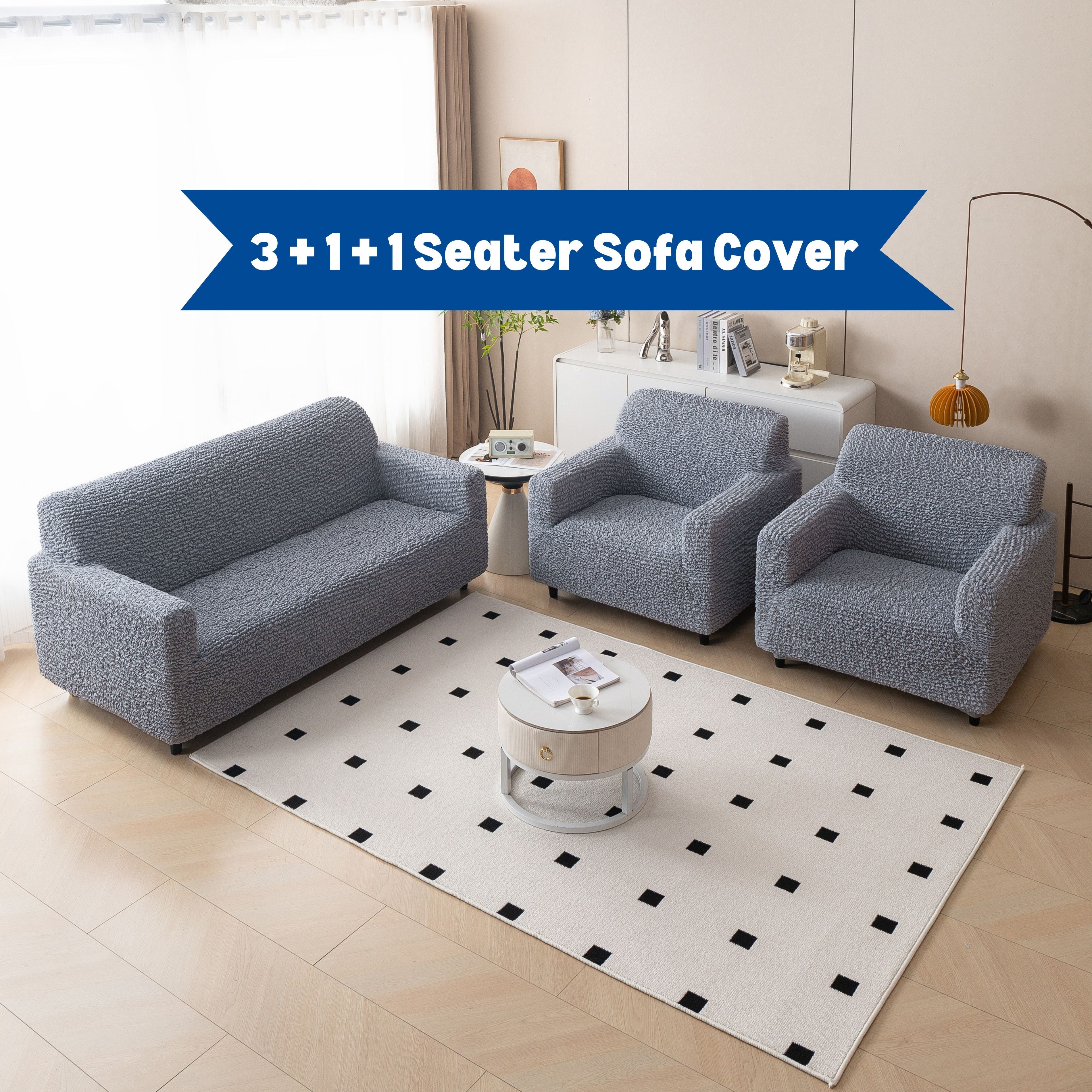 Premium 3+1+1 Seater Sofa Cover Set - Microfiber Stretchable Italian Textured Slipcovers (Grey)