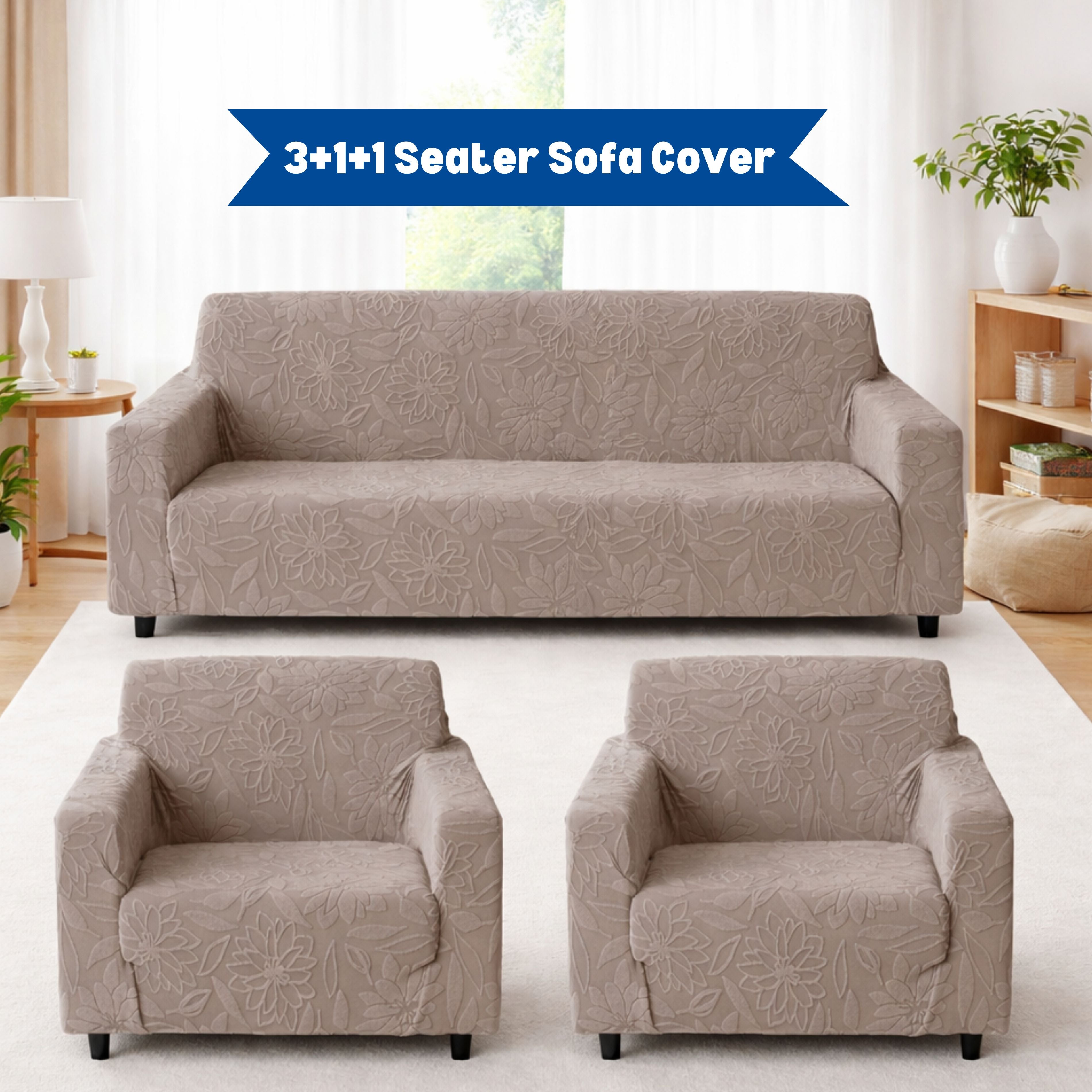 Premium 3+1+1 Seater Sofa Cover Set - Knitted Jacquard, Floral Textured Elastic Slipcovers (Brown)