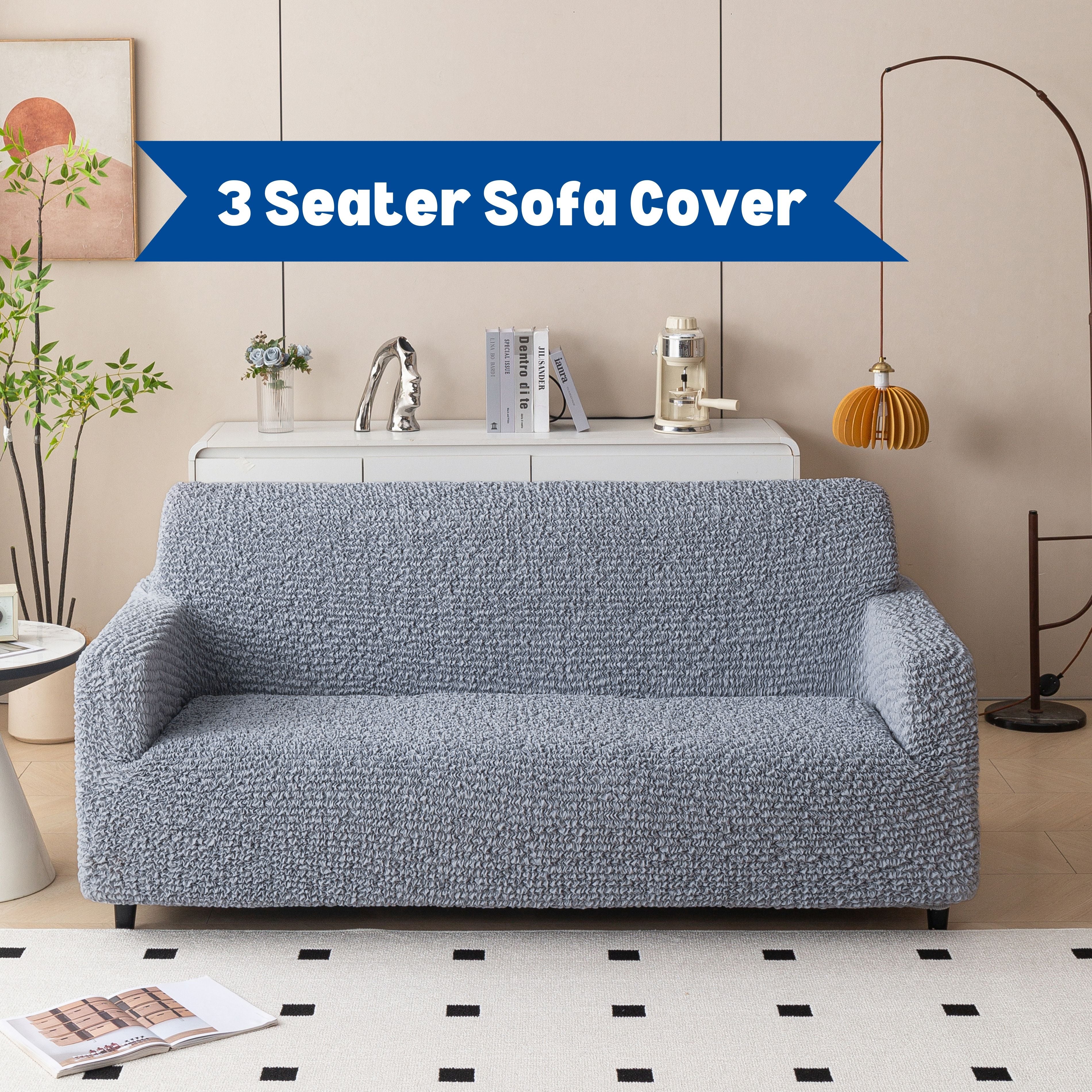 Premium 3 Seater Sofa Cover - Microfiber Stretchable Italian Textured Couch Slipcover (Grey)