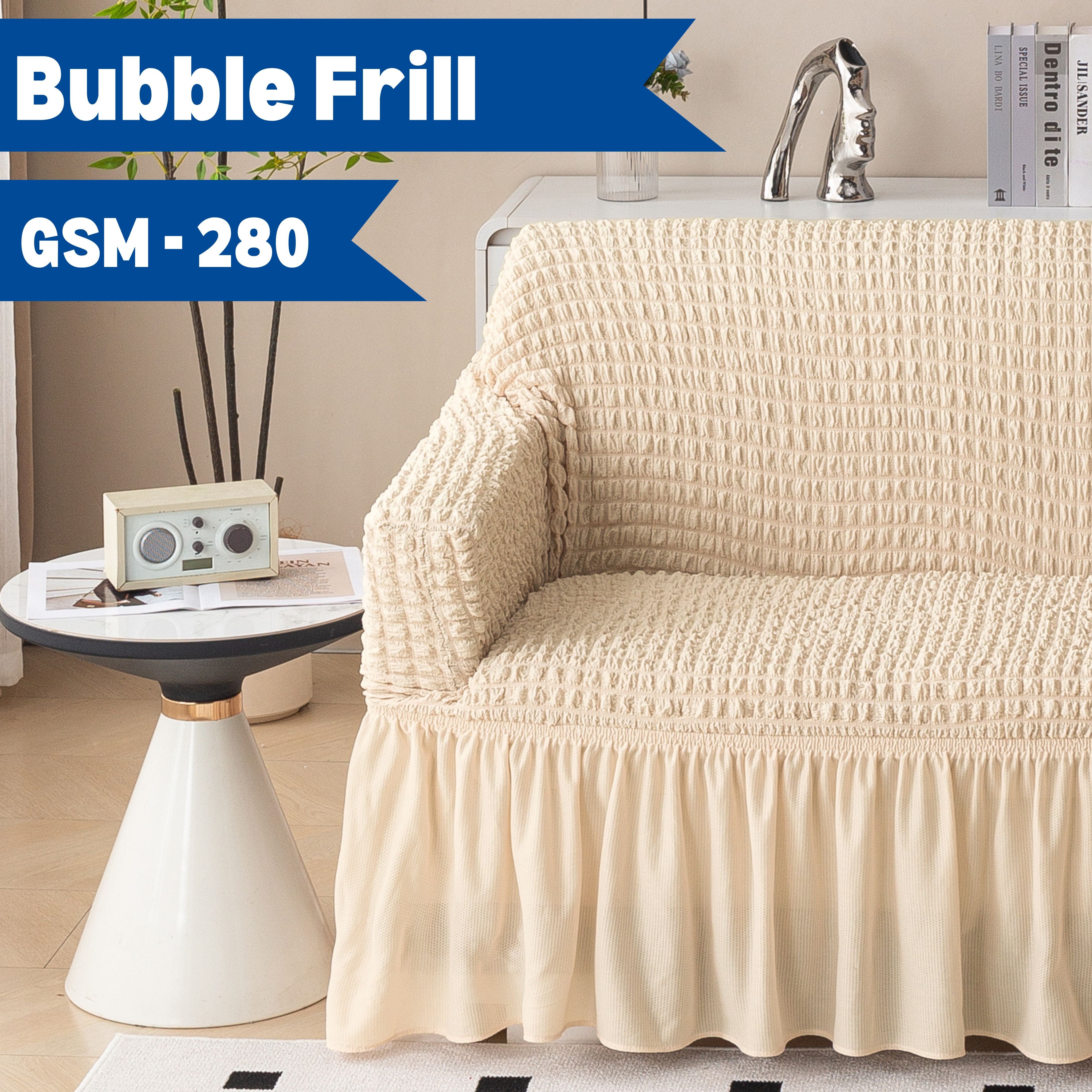 Premium Bubble Frill 3+2 Seater Sofa Cover Set - Cream Beige
